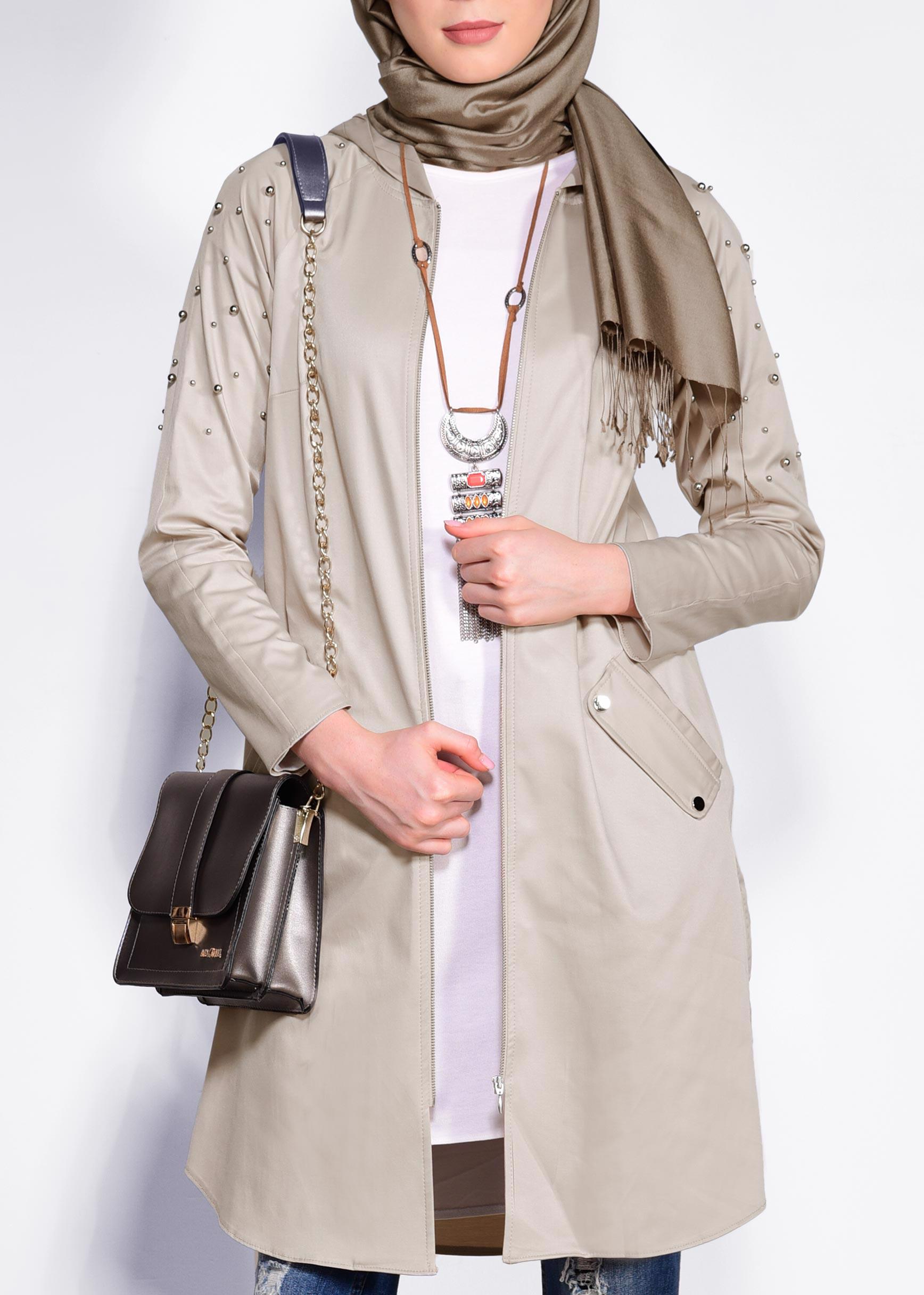 Tesettür giyim BEJ İNCİ DETAYLI KAPÜŞONLU GİY ÇIK 4247