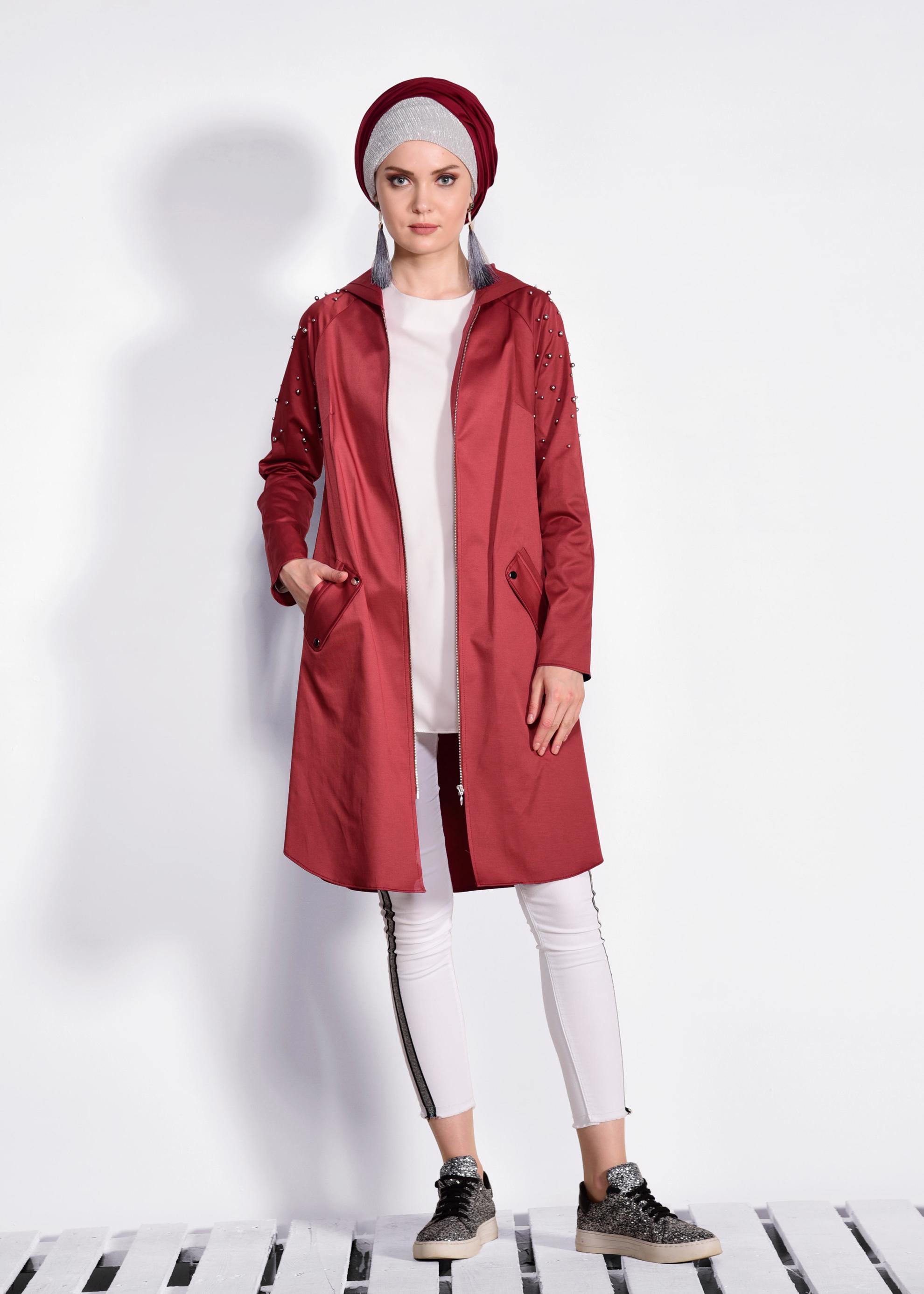 Tesettür giyim BORDO İNCİ DETAYLI KAPÜŞONLU GİY ÇIK 4247