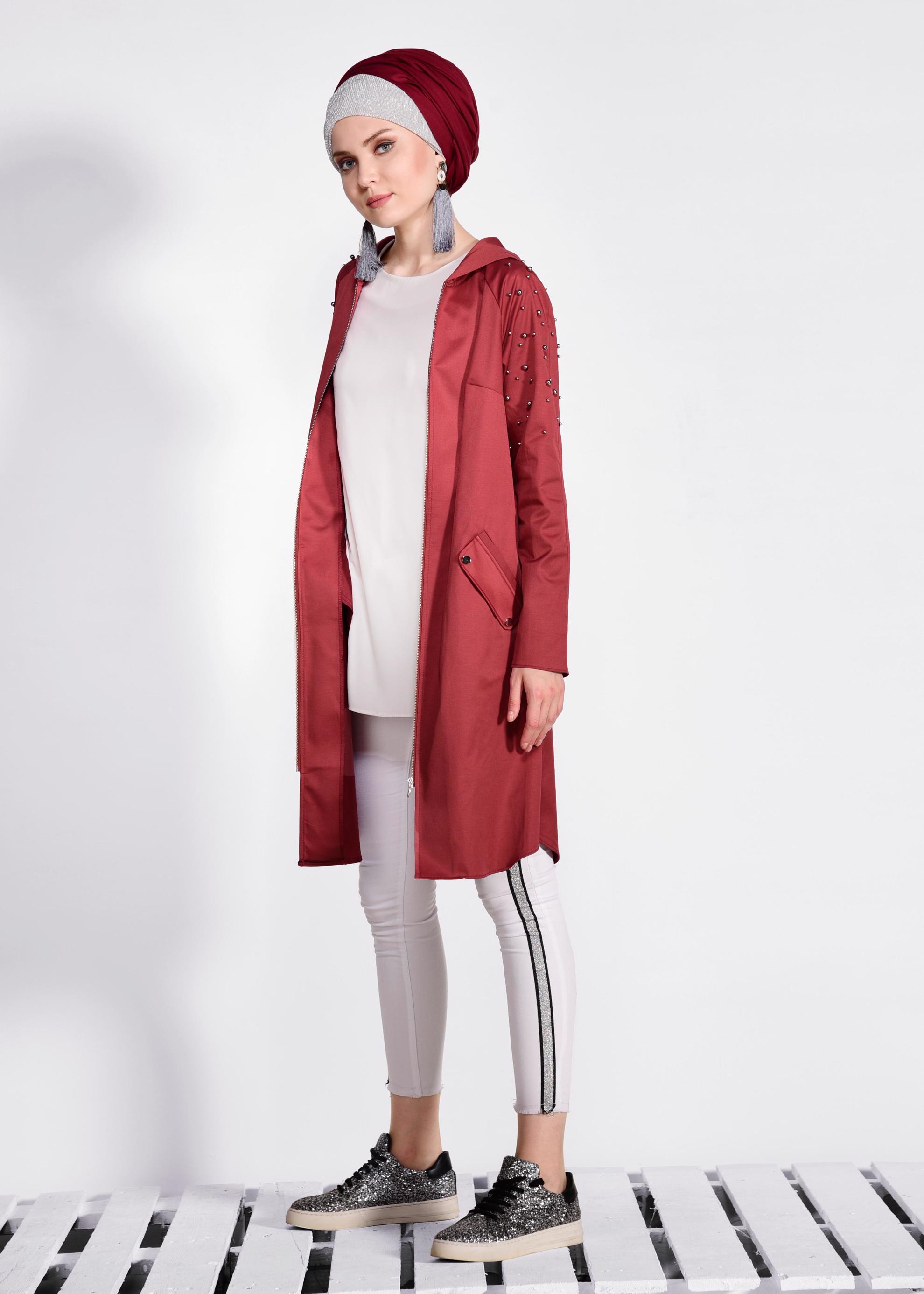 Tesettür giyim BORDO İNCİ DETAYLI KAPÜŞONLU GİY ÇIK 4247