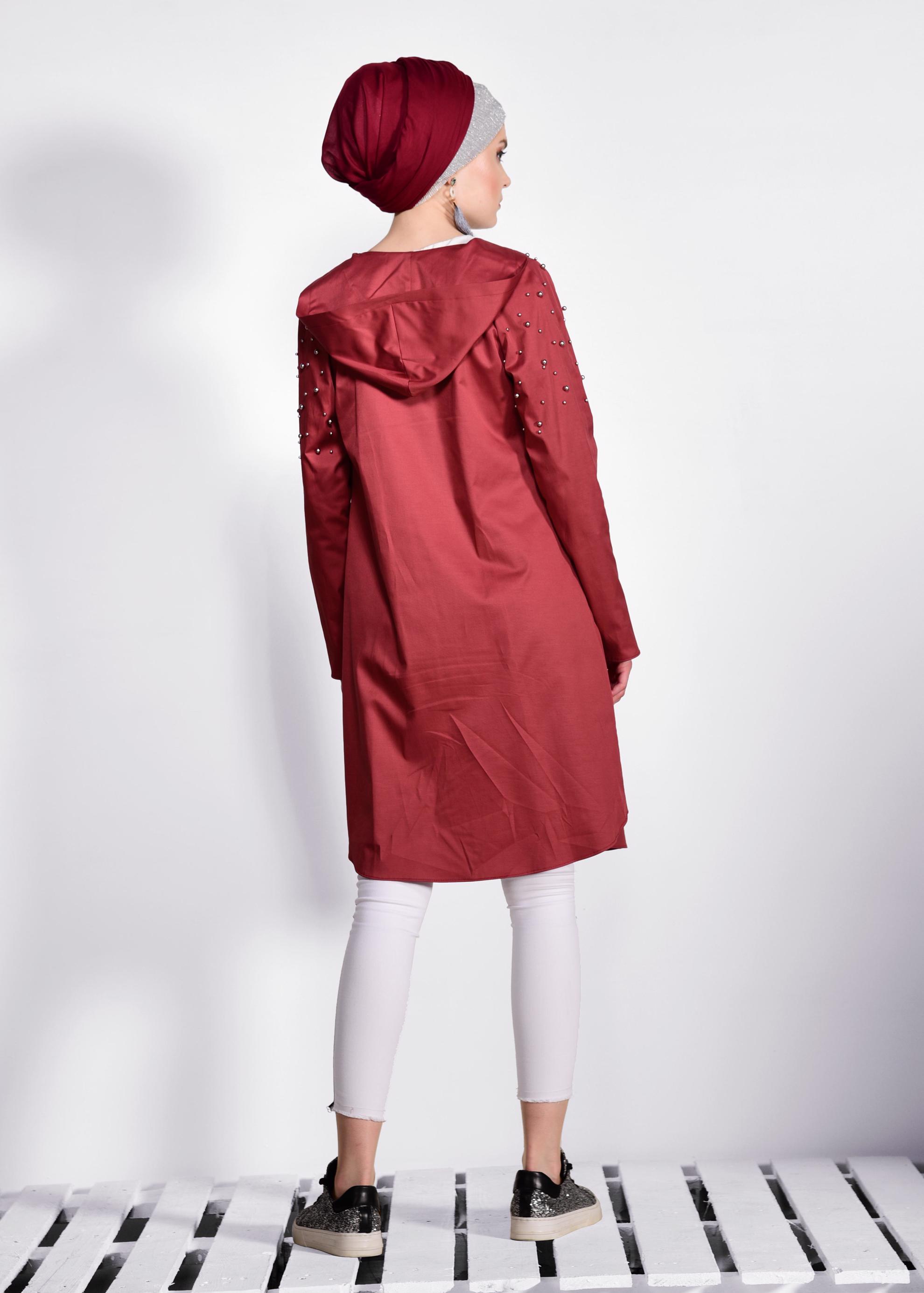 Tesettür giyim BORDO İNCİ DETAYLI KAPÜŞONLU GİY ÇIK 4247