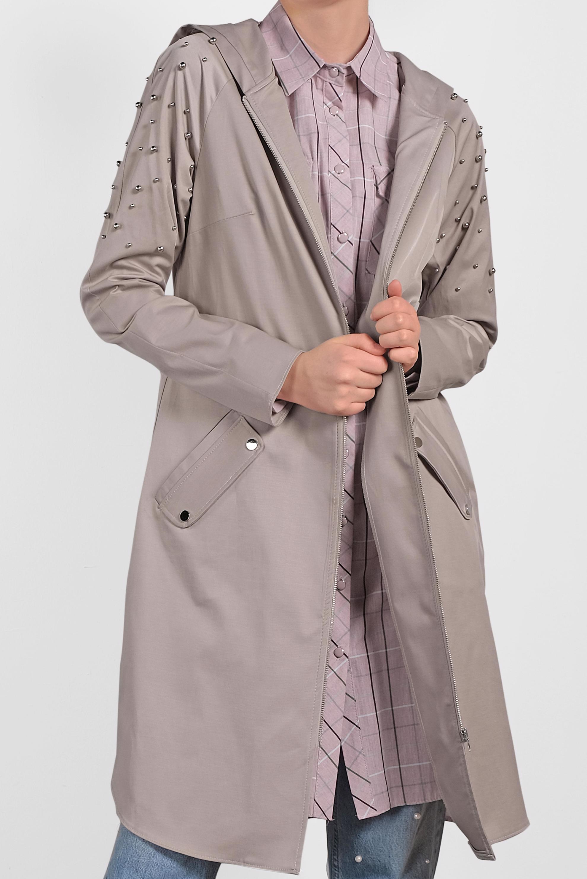 Tesettür giyim BEJ İNCİ DETAYLI KAPÜŞONLU GİY ÇIK 4247