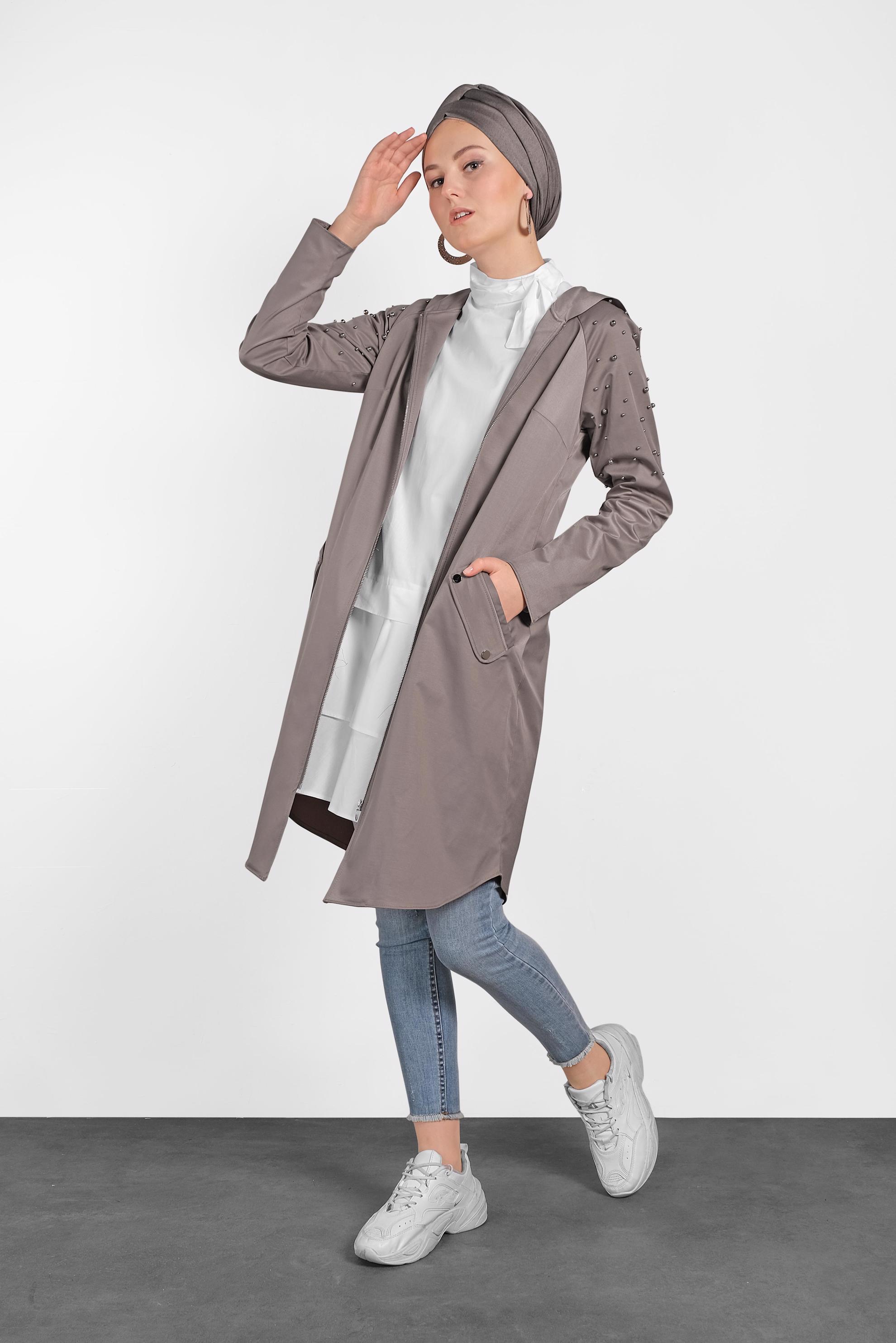 Tesettür giyim VİZON İNCİ DETAYLI KAPÜŞONLU GİY ÇIK 4247