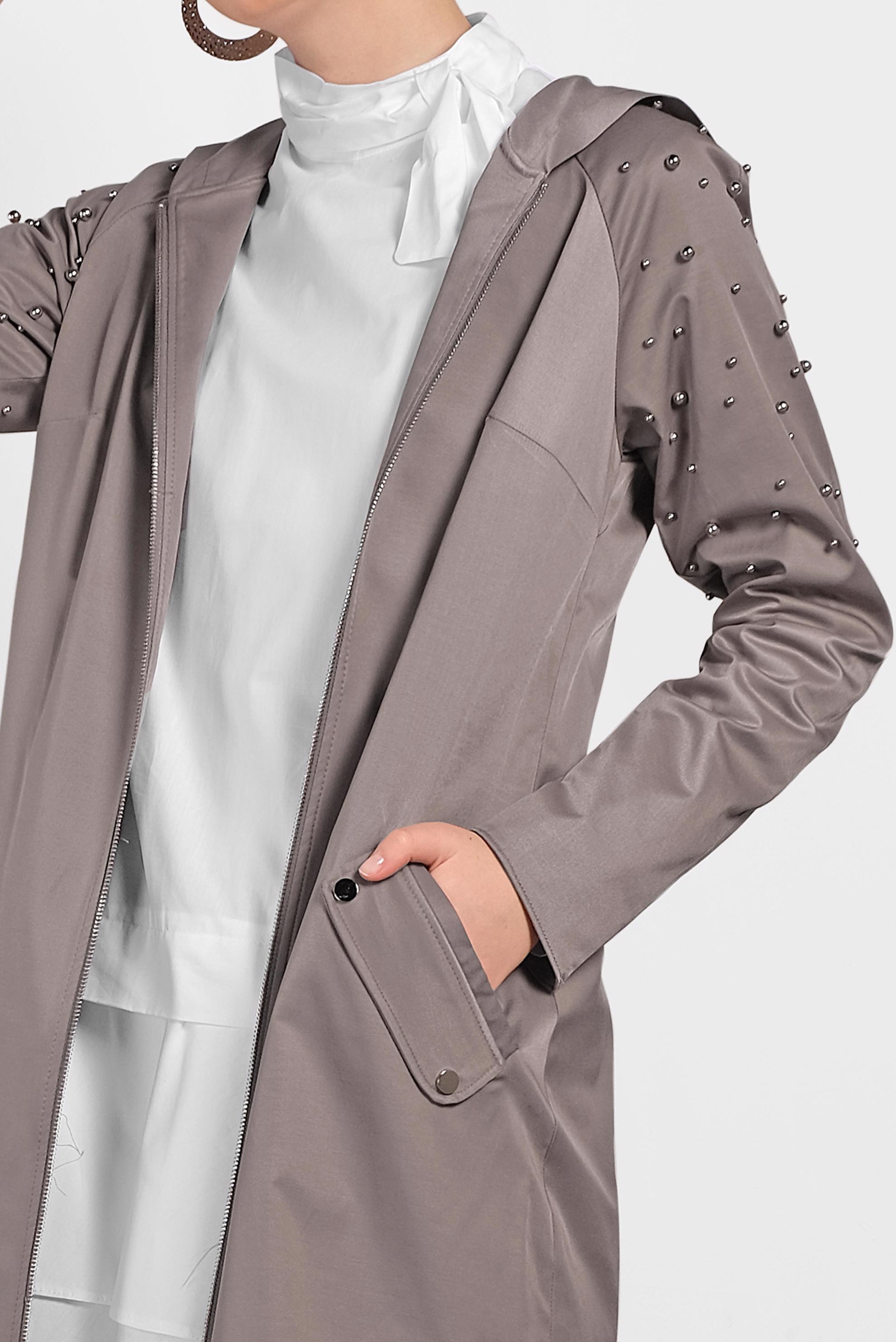 Tesettür giyim VİZON İNCİ DETAYLI KAPÜŞONLU GİY ÇIK 4247