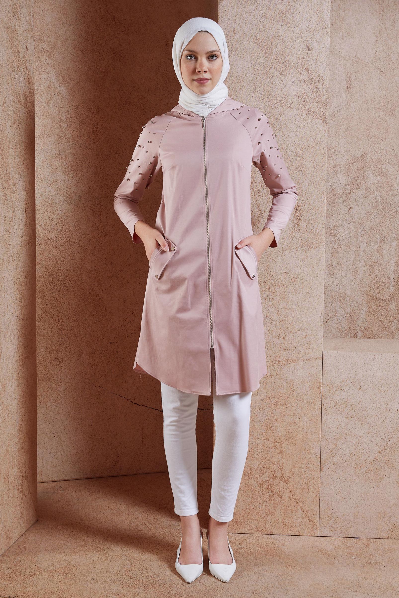 Tesettür giyim PUDRA İNCİ DETAYLI KAPÜŞONLU GİY ÇIK 4247
