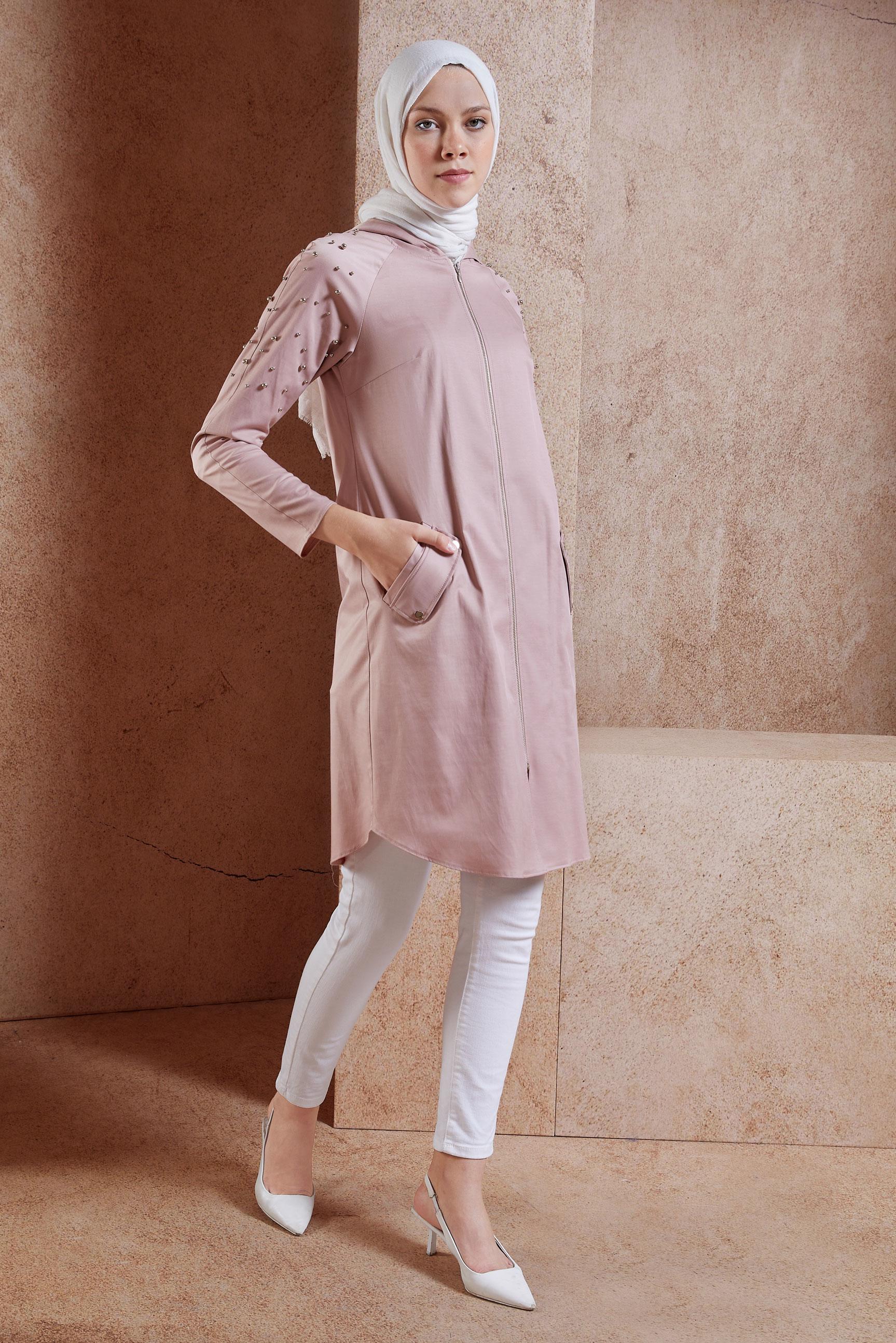 Tesettür giyim PUDRA İNCİ DETAYLI KAPÜŞONLU GİY ÇIK 4247