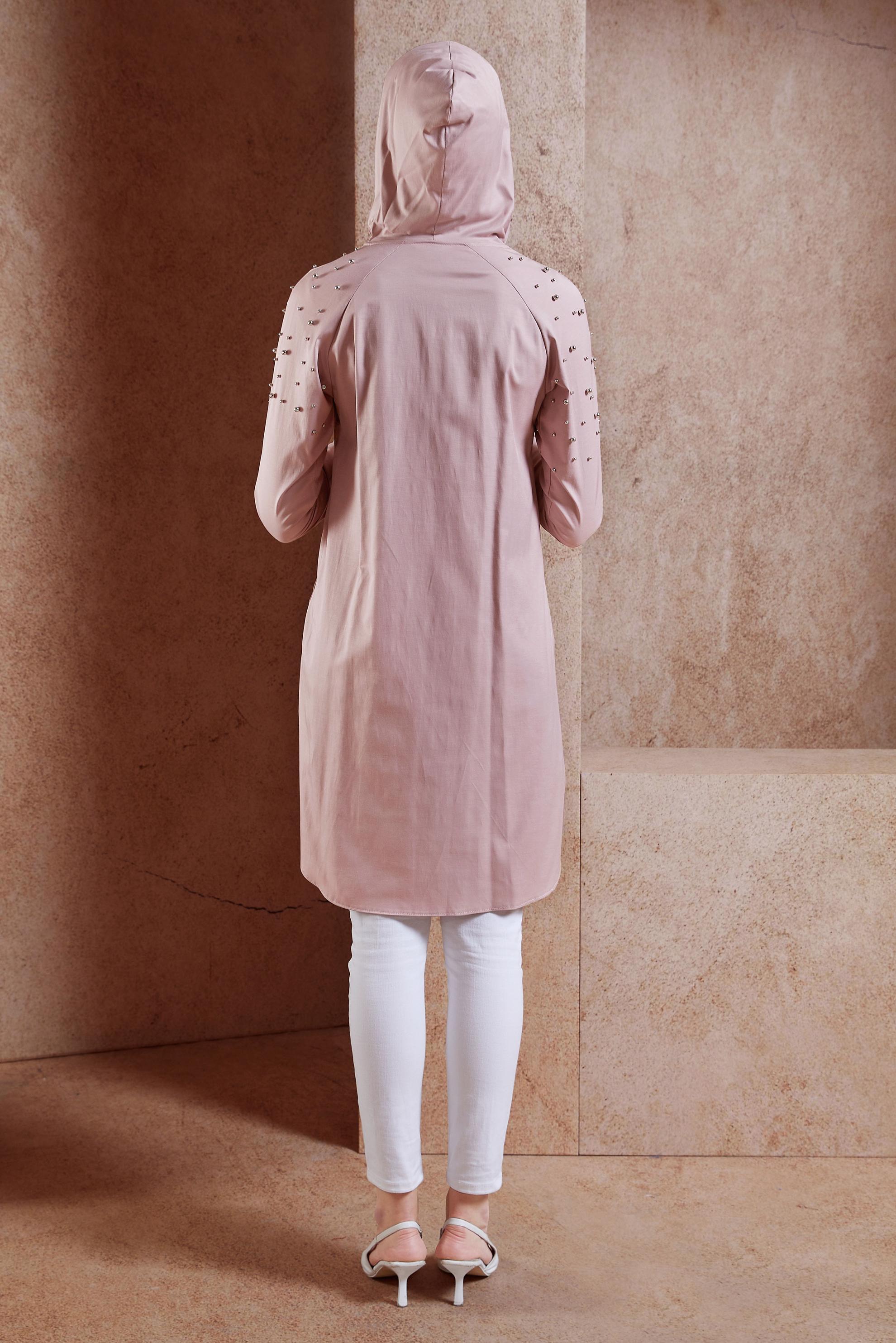 Tesettür giyim PUDRA İNCİ DETAYLI KAPÜŞONLU GİY ÇIK 4247