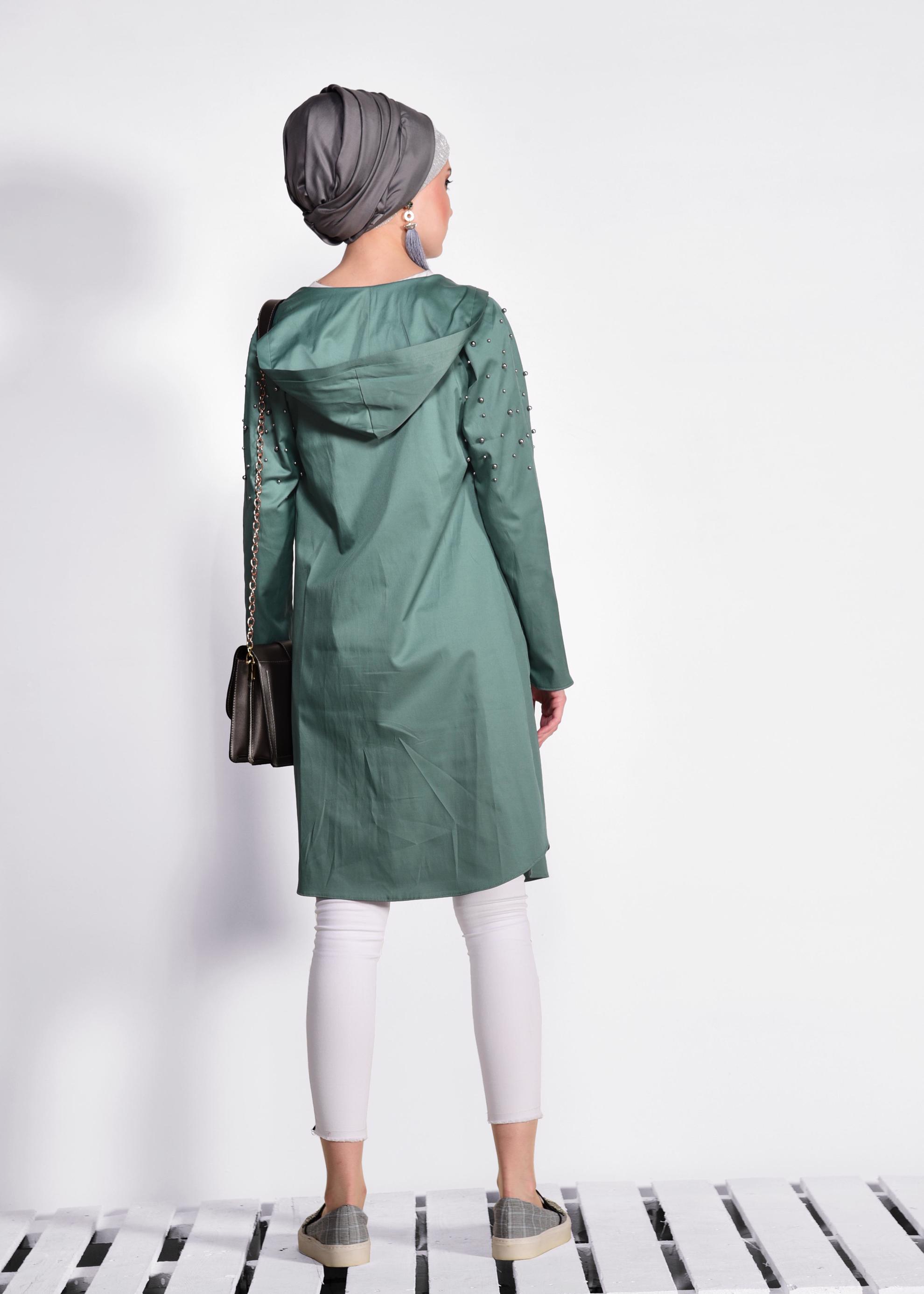 Tesettür giyim YEŞİL İNCİ DETAYLI KAPÜŞONLU GİY ÇIK 4247