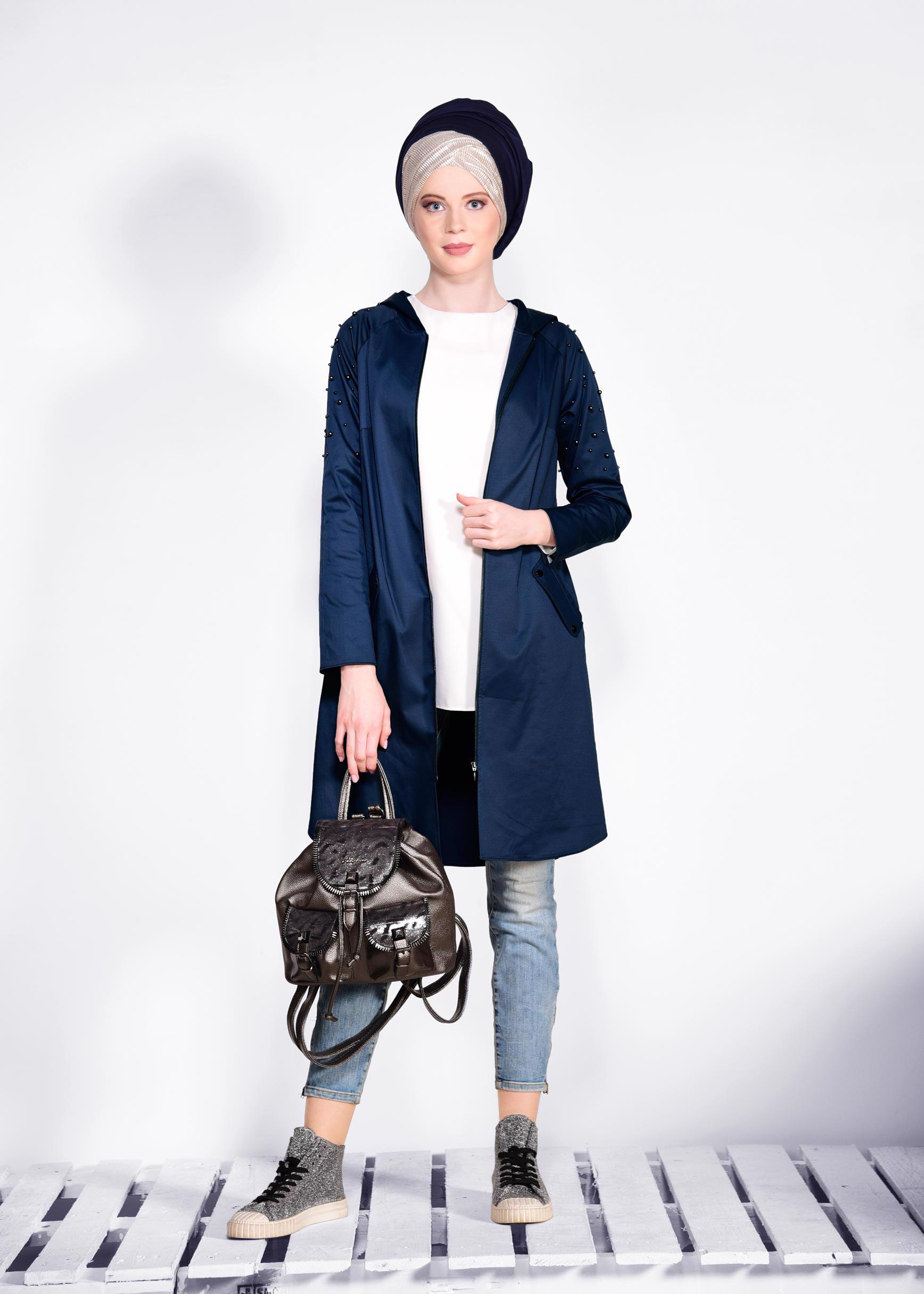 Tesettür giyim LACİVERT İNCİ DETAYLI KAPÜŞONLU GİY ÇIK 4247