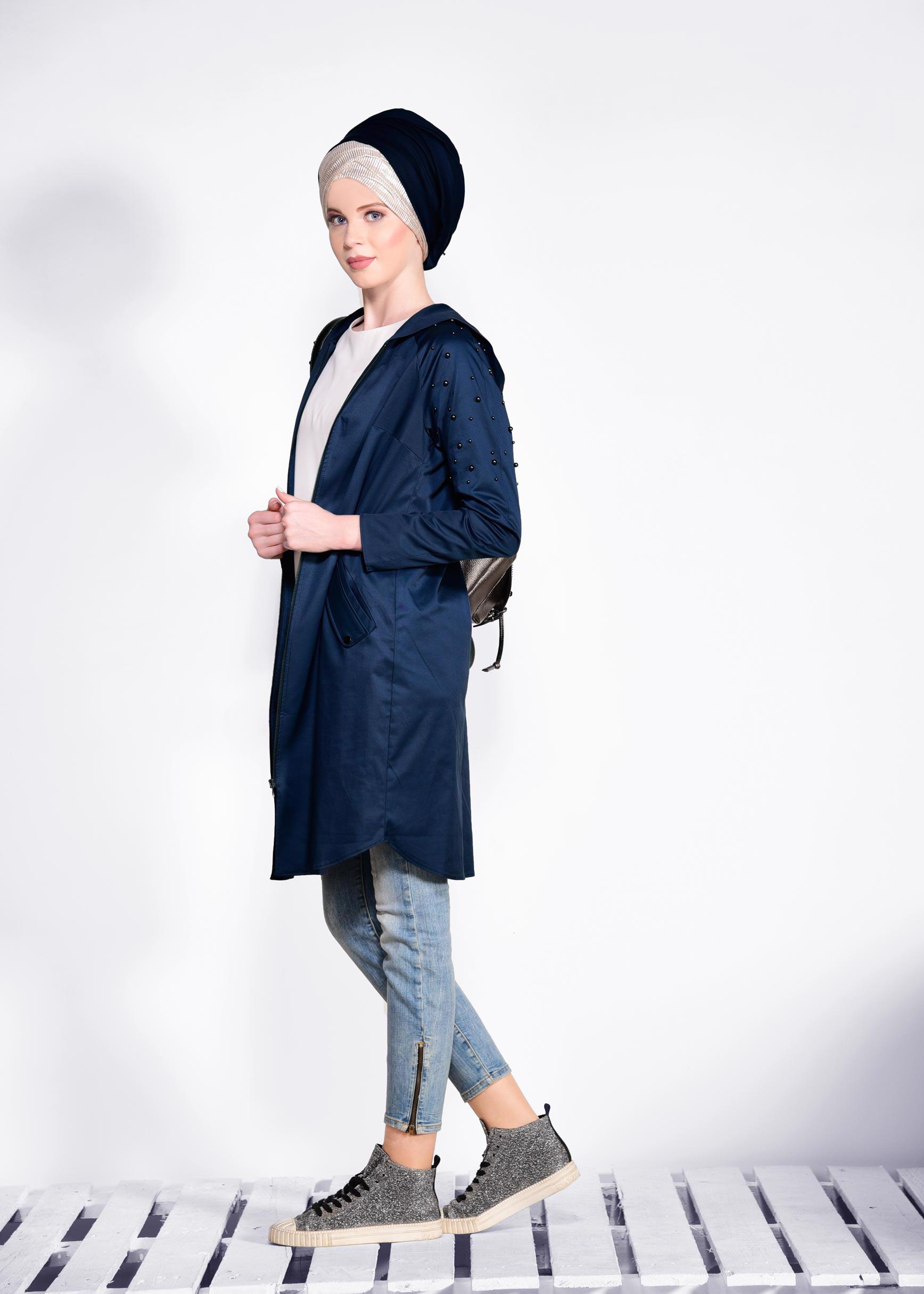 Tesettür giyim LACİVERT İNCİ DETAYLI KAPÜŞONLU GİY ÇIK 4247