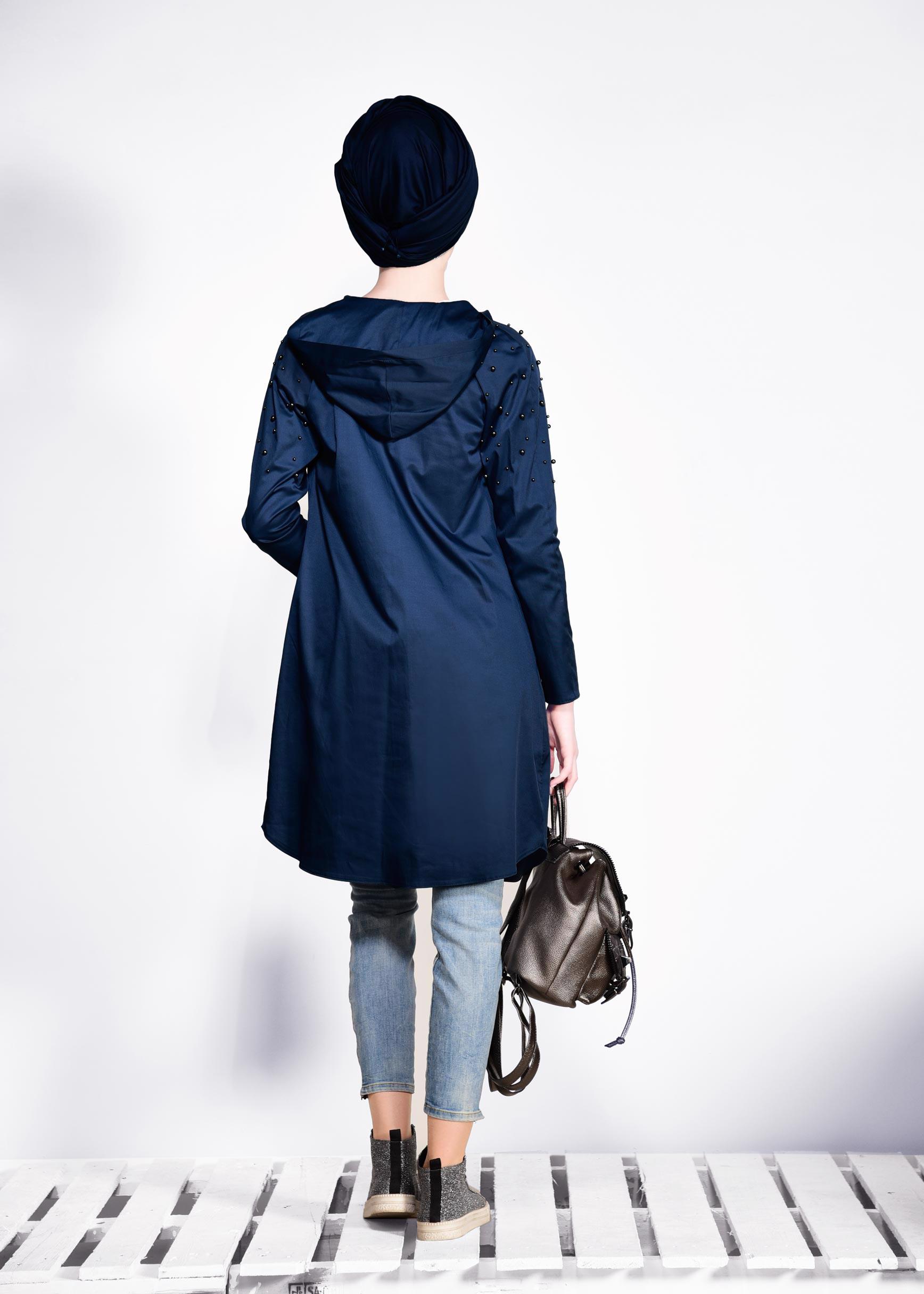 Tesettür giyim LACİVERT İNCİ DETAYLI KAPÜŞONLU GİY ÇIK 4247