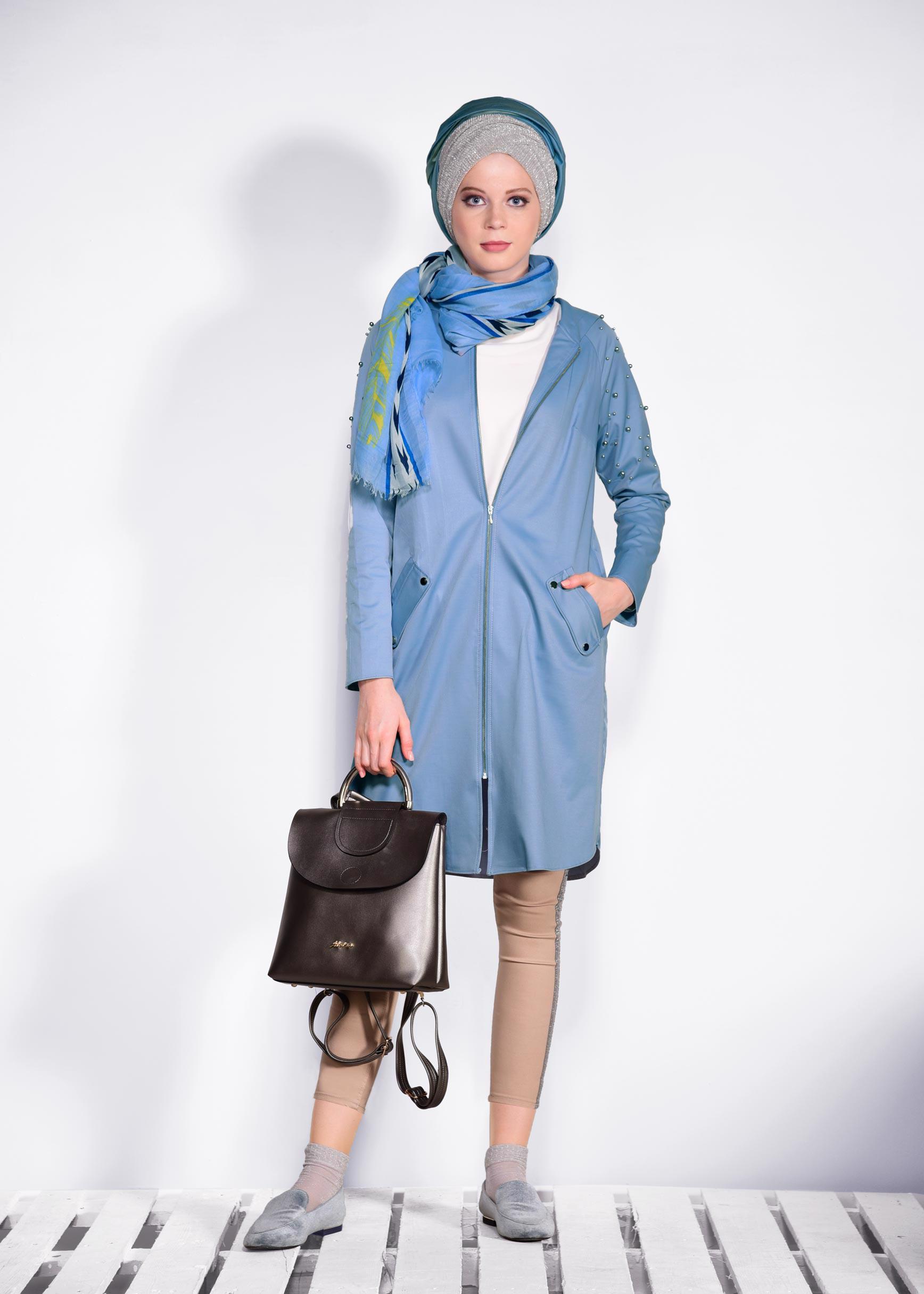 Tesettür giyim MAVİ İNCİ DETAYLI KAPÜŞONLU GİY ÇIK 4247