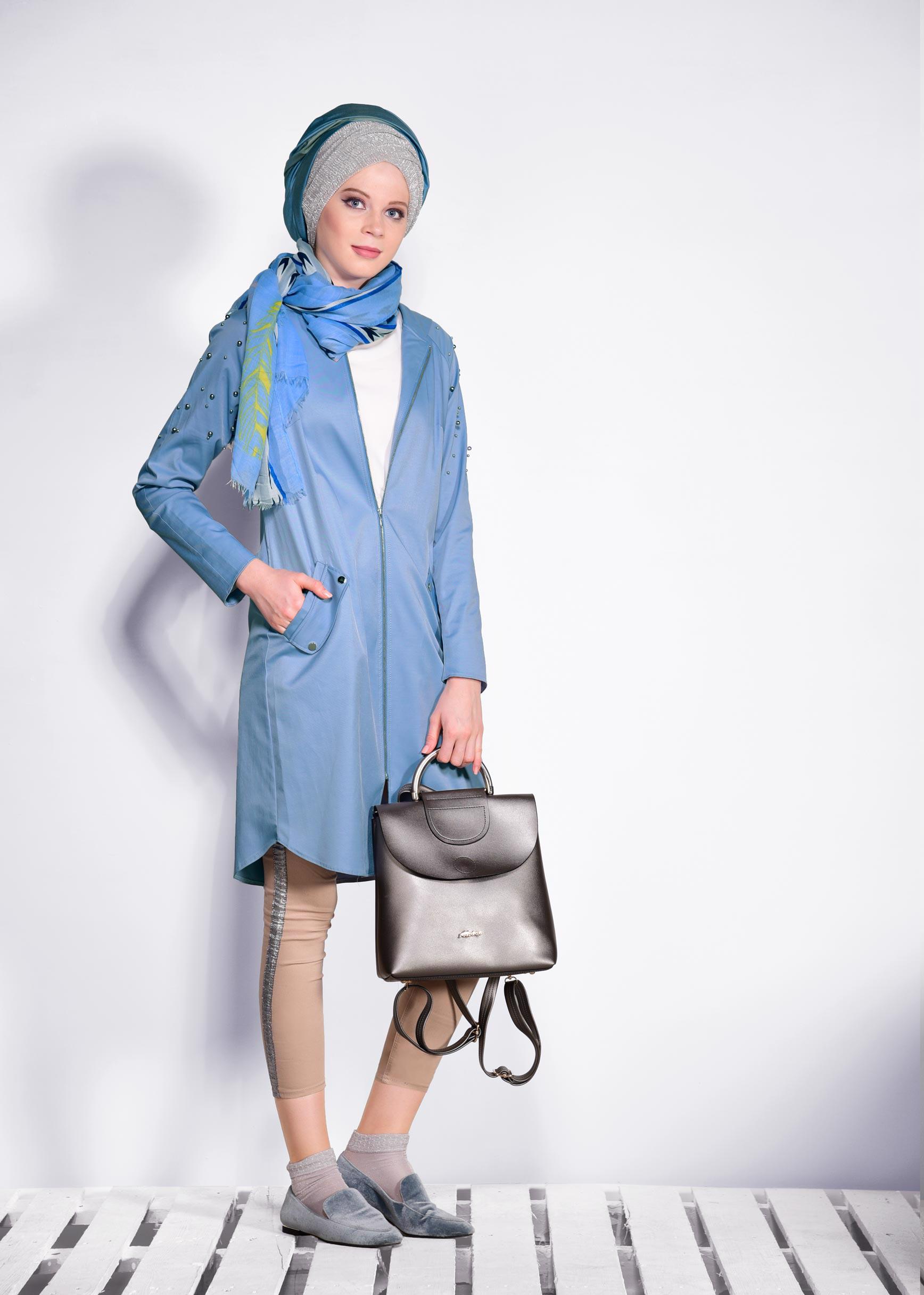 Tesettür giyim MAVİ İNCİ DETAYLI KAPÜŞONLU GİY ÇIK 4247