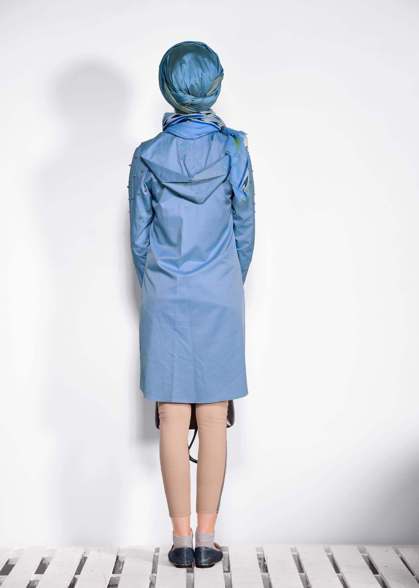 Tesettür giyim MAVİ İNCİ DETAYLI KAPÜŞONLU GİY ÇIK 4247