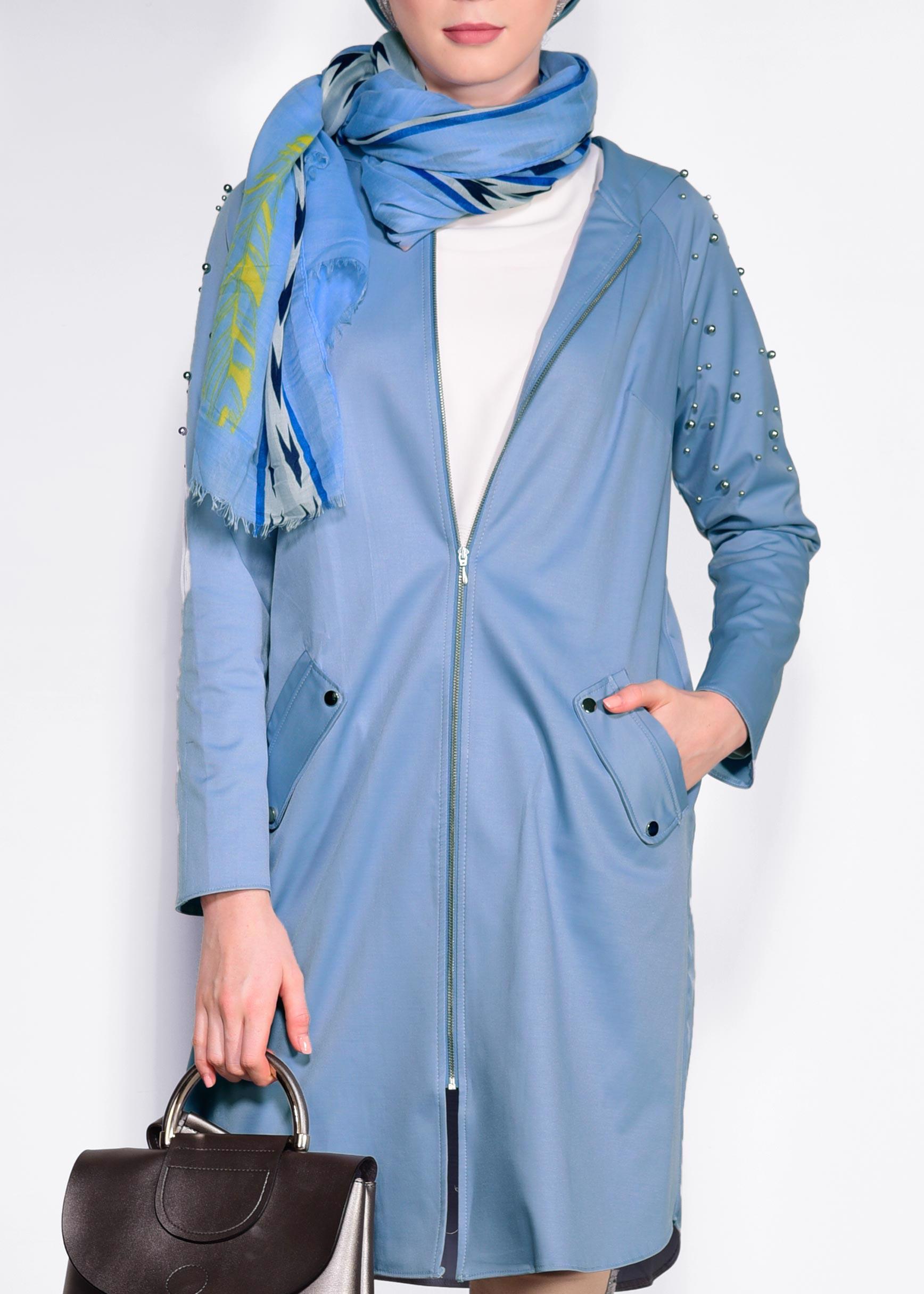 Tesettür giyim MAVİ İNCİ DETAYLI KAPÜŞONLU GİY ÇIK 4247