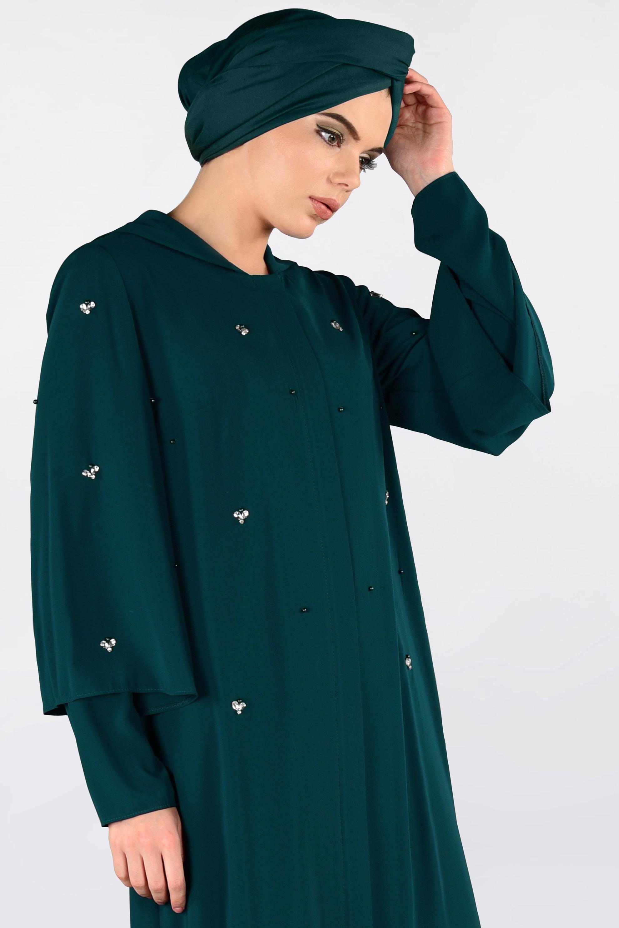 Tesettür giyim YEŞİL TAŞ DETAYLI KAPÜŞONLU GİY ÇIK 4396