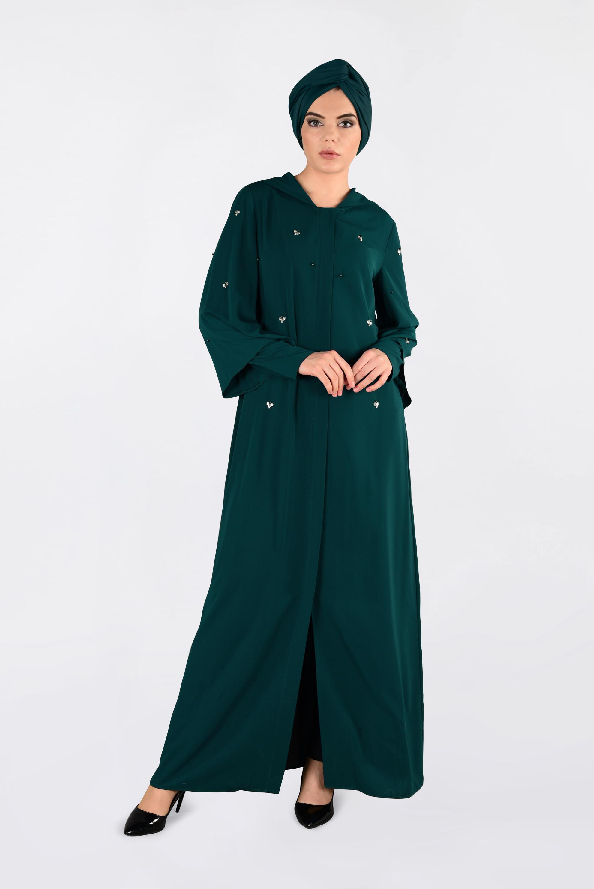 Tesettür giyim YEŞİL TAŞ DETAYLI KAPÜŞONLU GİY ÇIK 4396