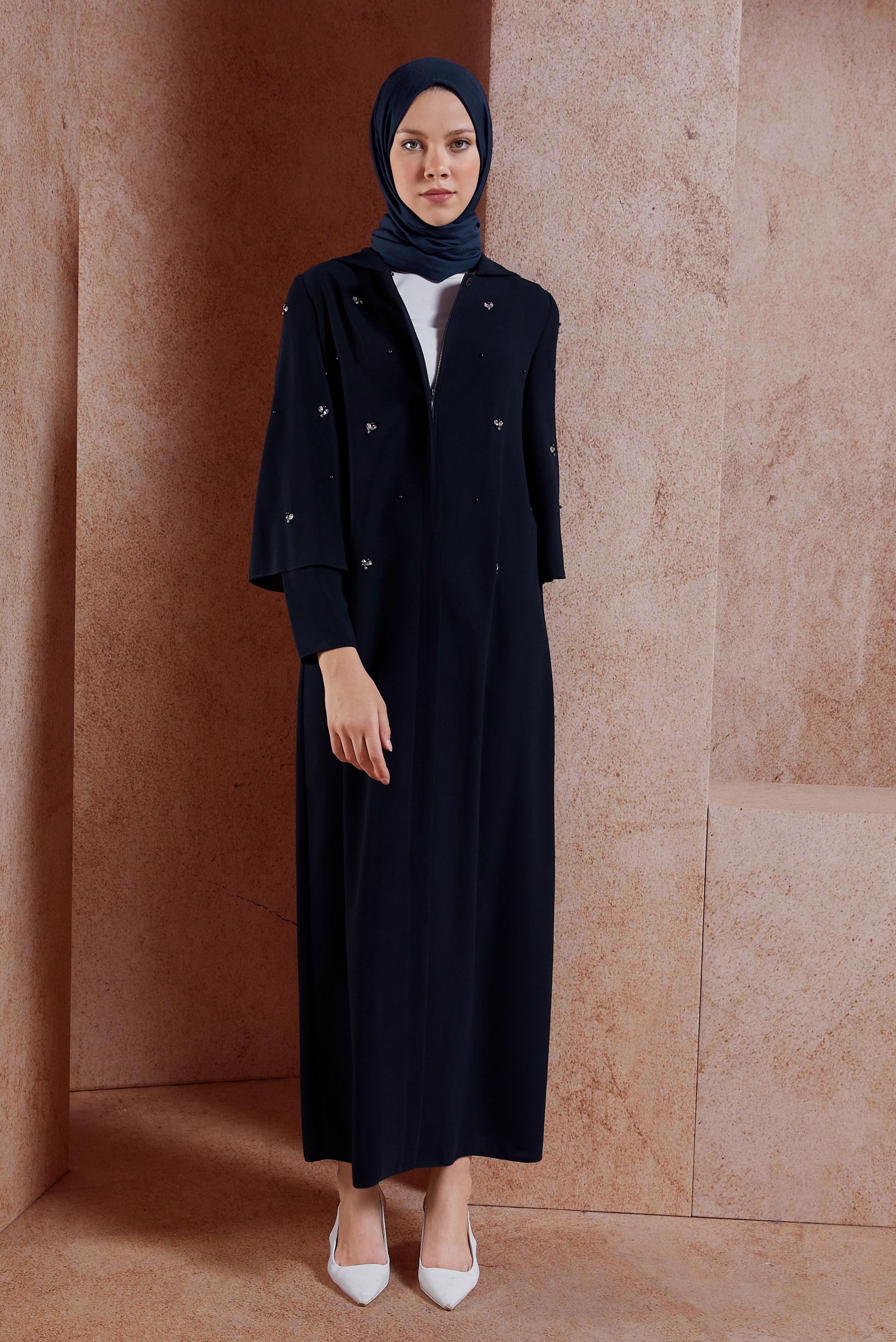 Tesettür giyim LACİVERT TAŞ DETAYLI KAPÜŞONLU GİY ÇIK 4396