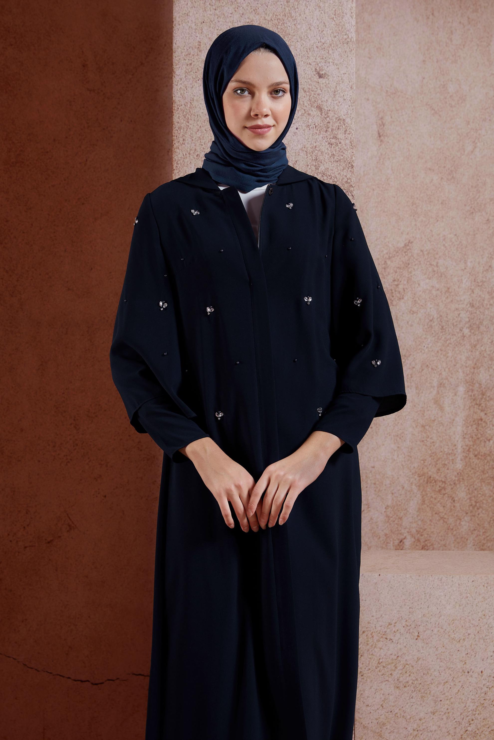 Tesettür giyim LACİVERT TAŞ DETAYLI KAPÜŞONLU GİY ÇIK 4396