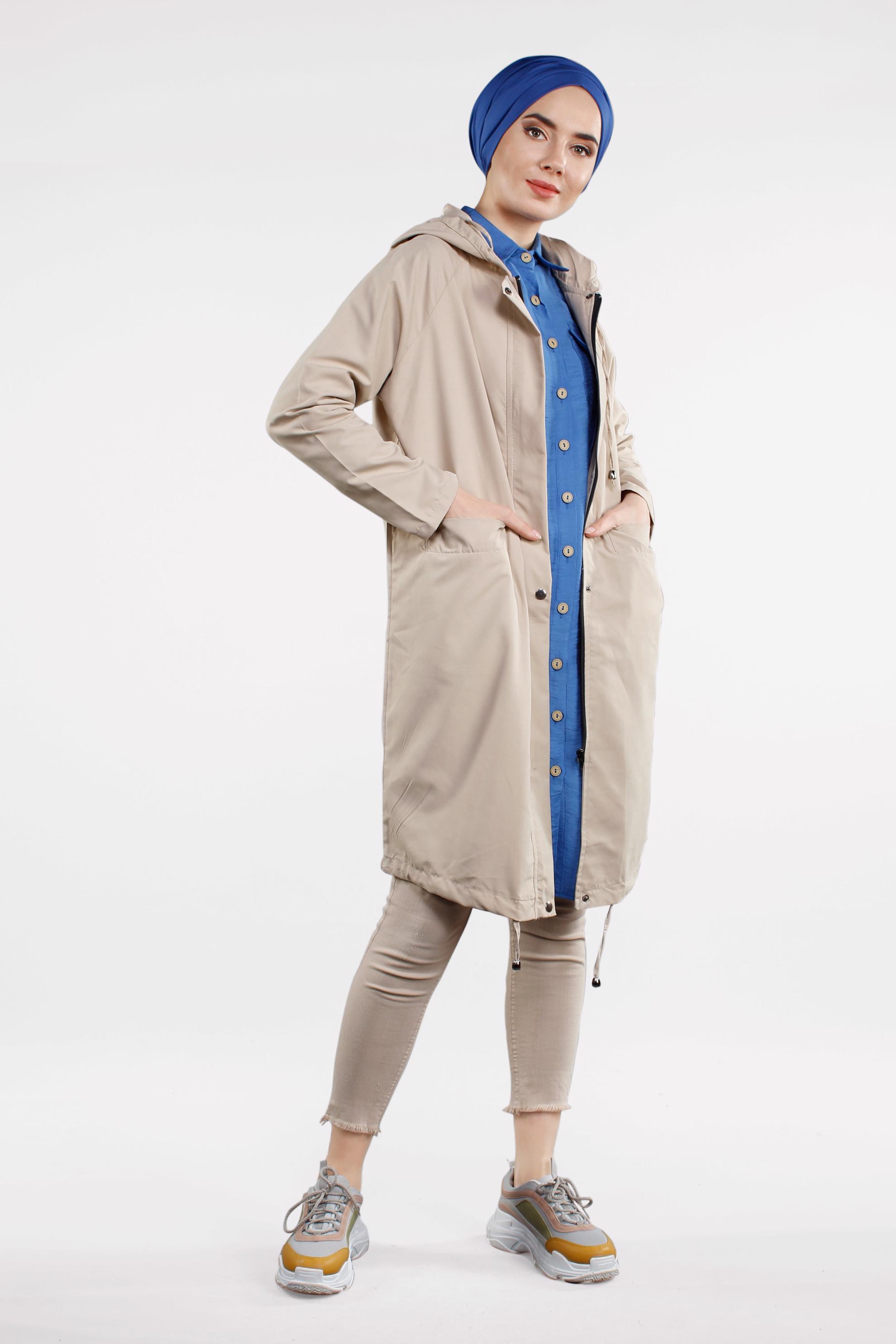 Tesettür giyim BEJ CEPLİ ÖNDEN FERMUARLI GİY ÇIK 4509 