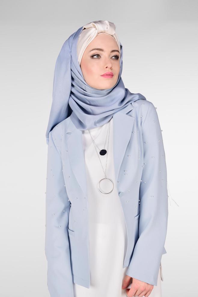 Tesettür giyim MAVİ BONCUKLU BLAZER CEKET 4978 - ALVİNA