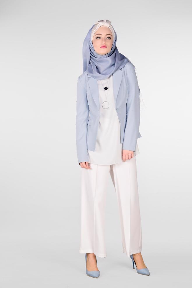 Tesettür giyim MAVİ BONCUKLU BLAZER CEKET 4978 - ALVİNA