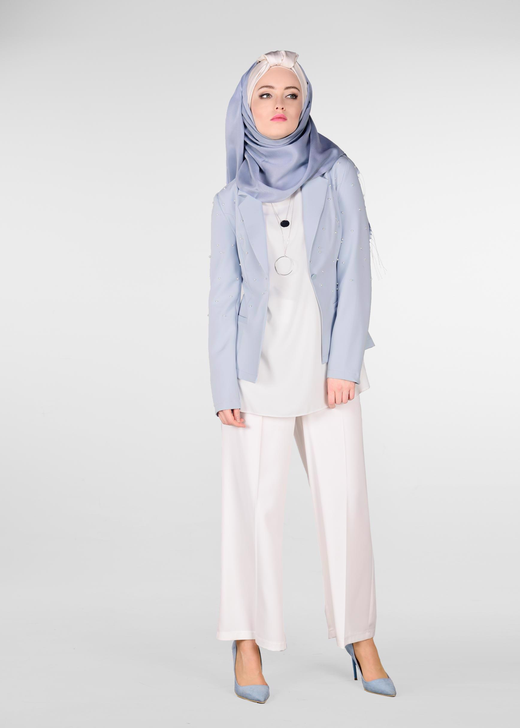 Tesettür giyim MAVİ BONCUKLU BLAZER CEKET 4978