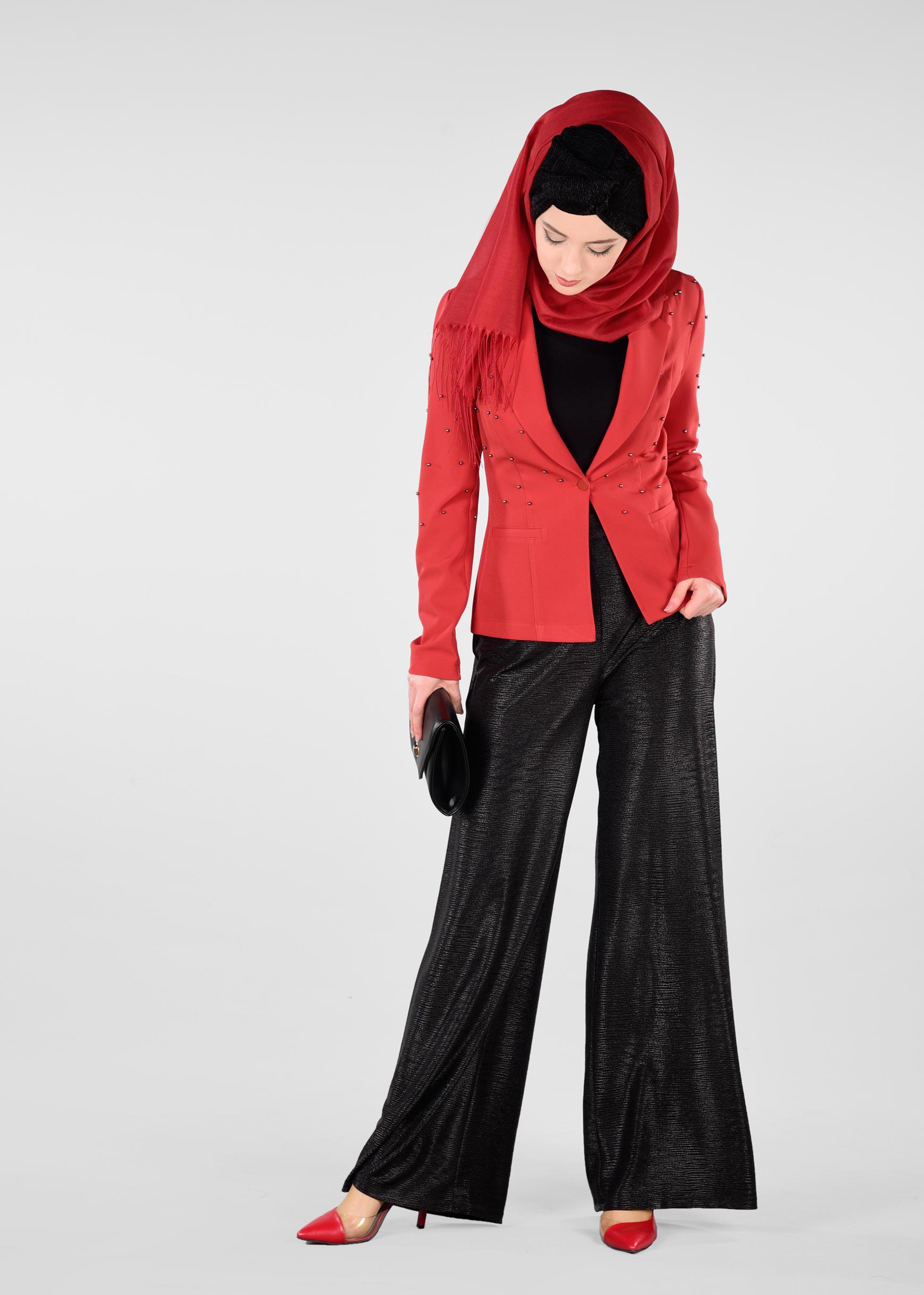 Tesettür giyim KIRMIZI BONCUKLU BLAZER CEKET 4978