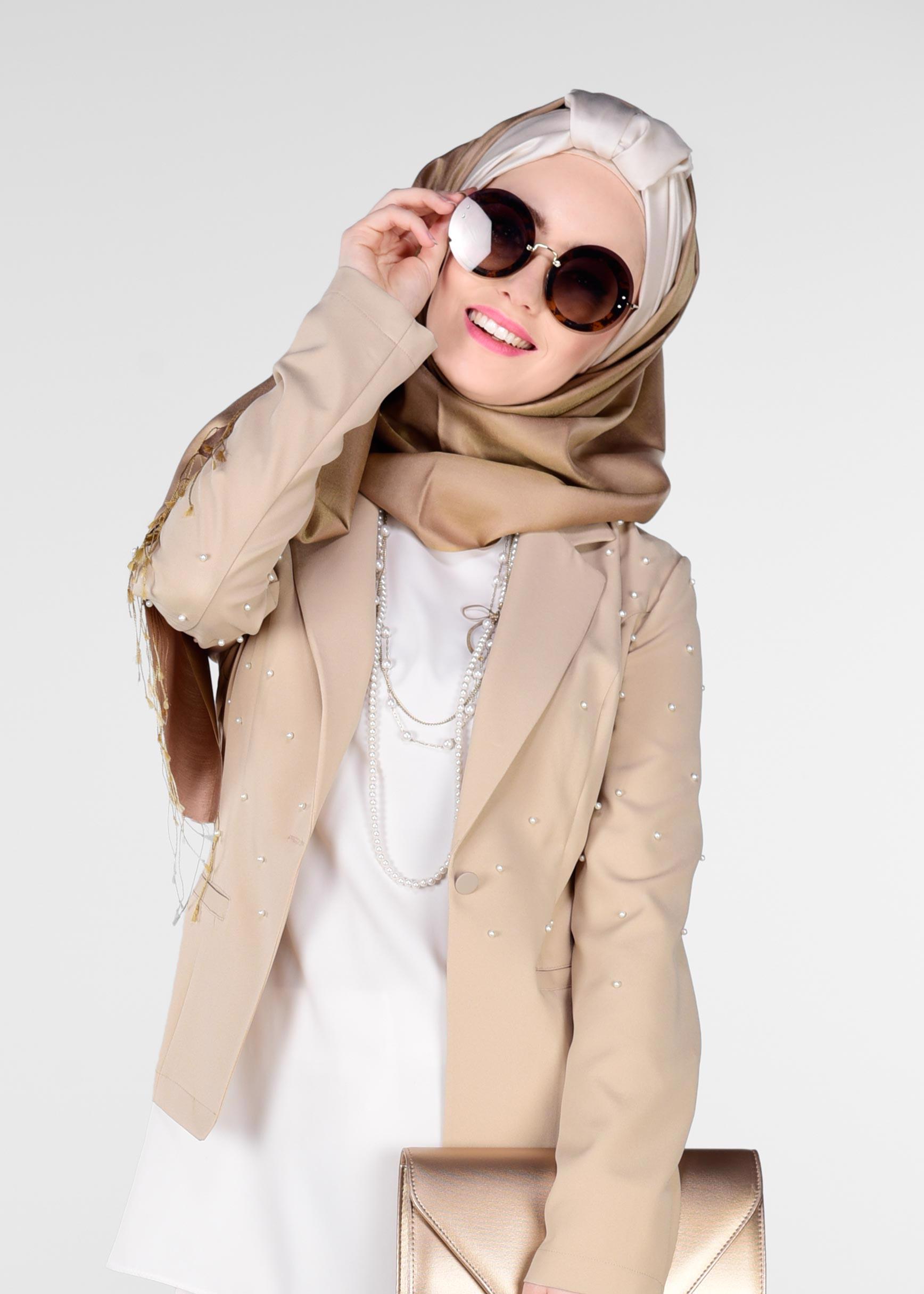 Tesettür giyim BEJ BONCUKLU BLAZER CEKET 4978