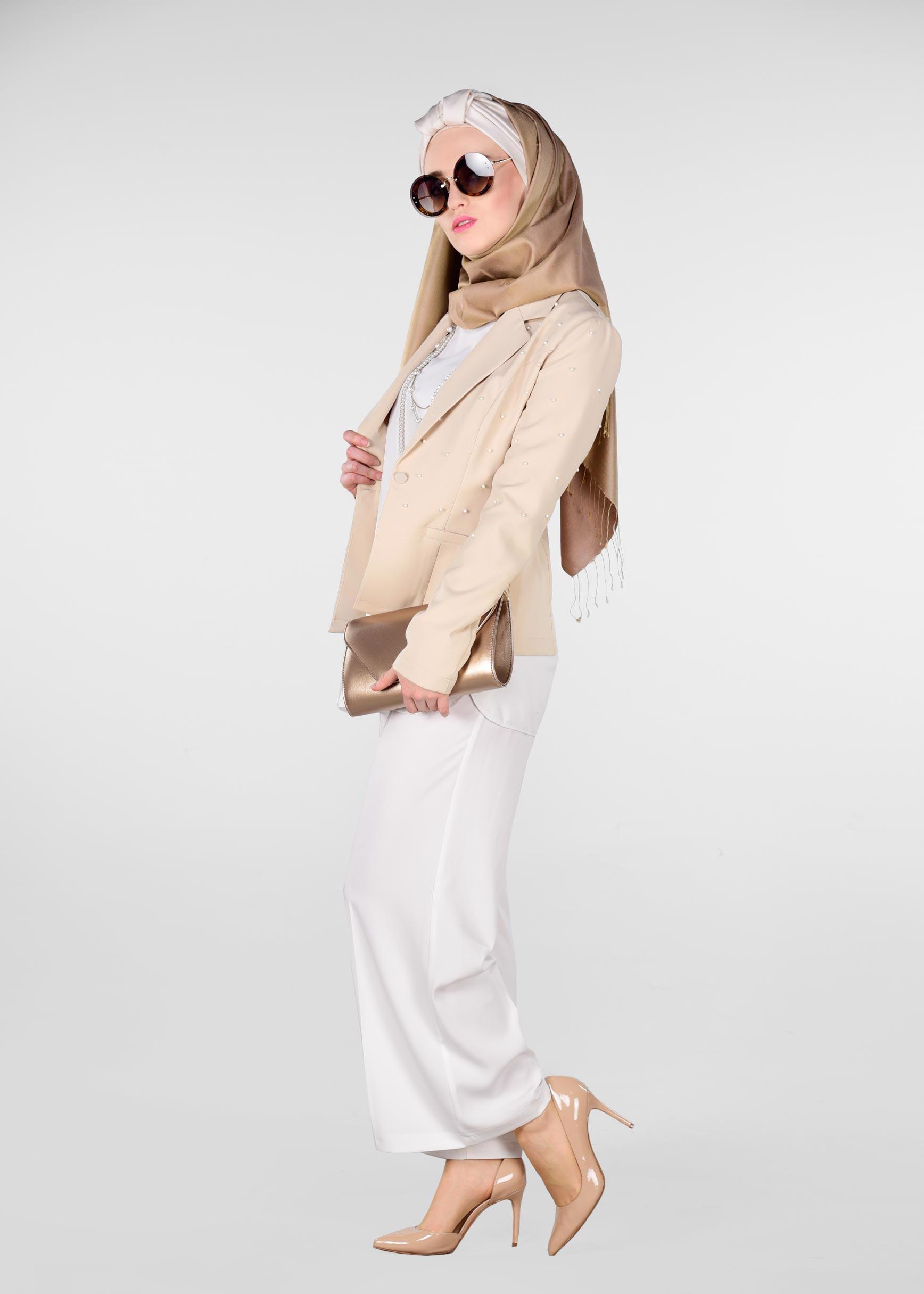 Tesettür giyim BEJ BONCUKLU BLAZER CEKET 4978