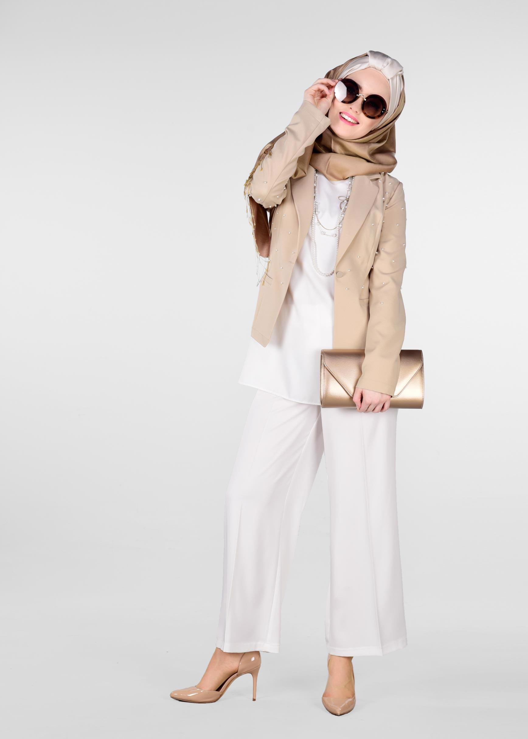 Tesettür giyim BEJ BONCUKLU BLAZER CEKET 4978