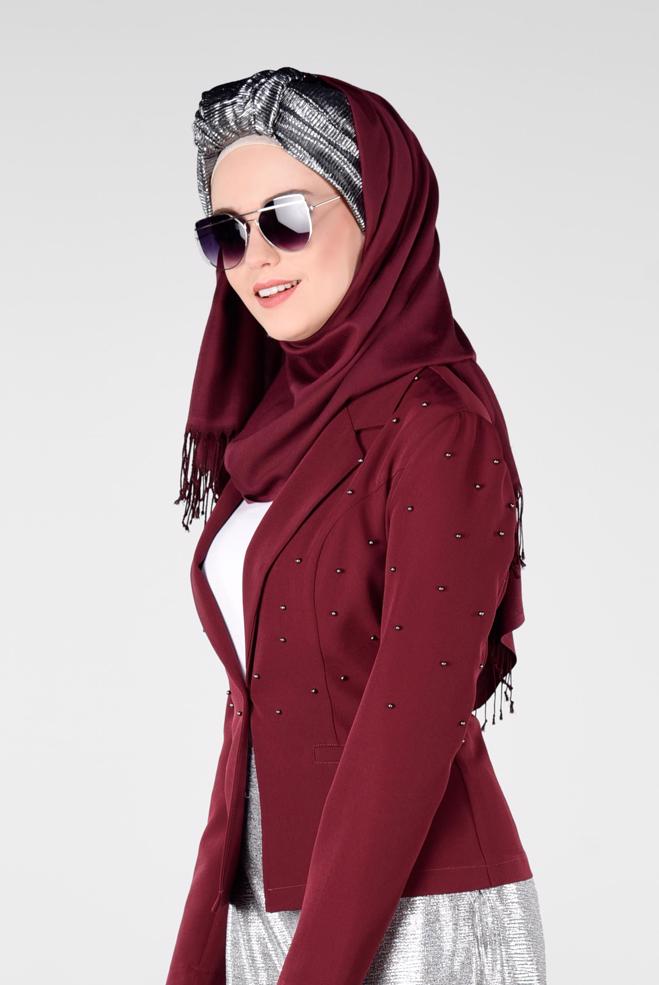 Hijab clothing CLARET RED Beaded Blazer Jacket 4978 - ALVİNA