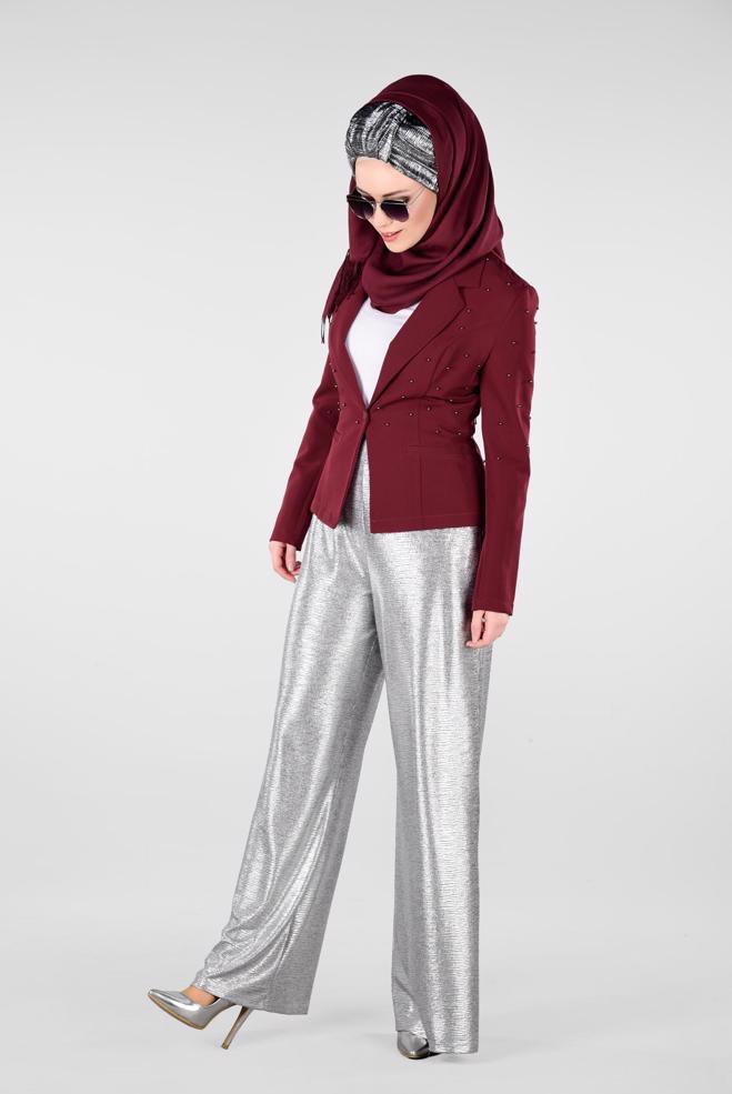 Hijab clothing CLARET RED Beaded Blazer Jacket 4978 - ALVİNA