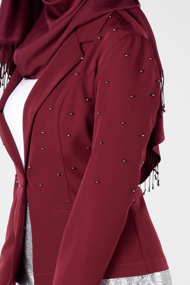 Hijab clothing CLARET RED Beaded Blazer Jacket 4978 - ALVİNA