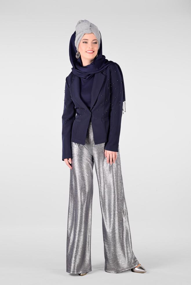 Hijab clothing NAVY BLUE Beaded Blazer Jacket 4978 - ALVİNA