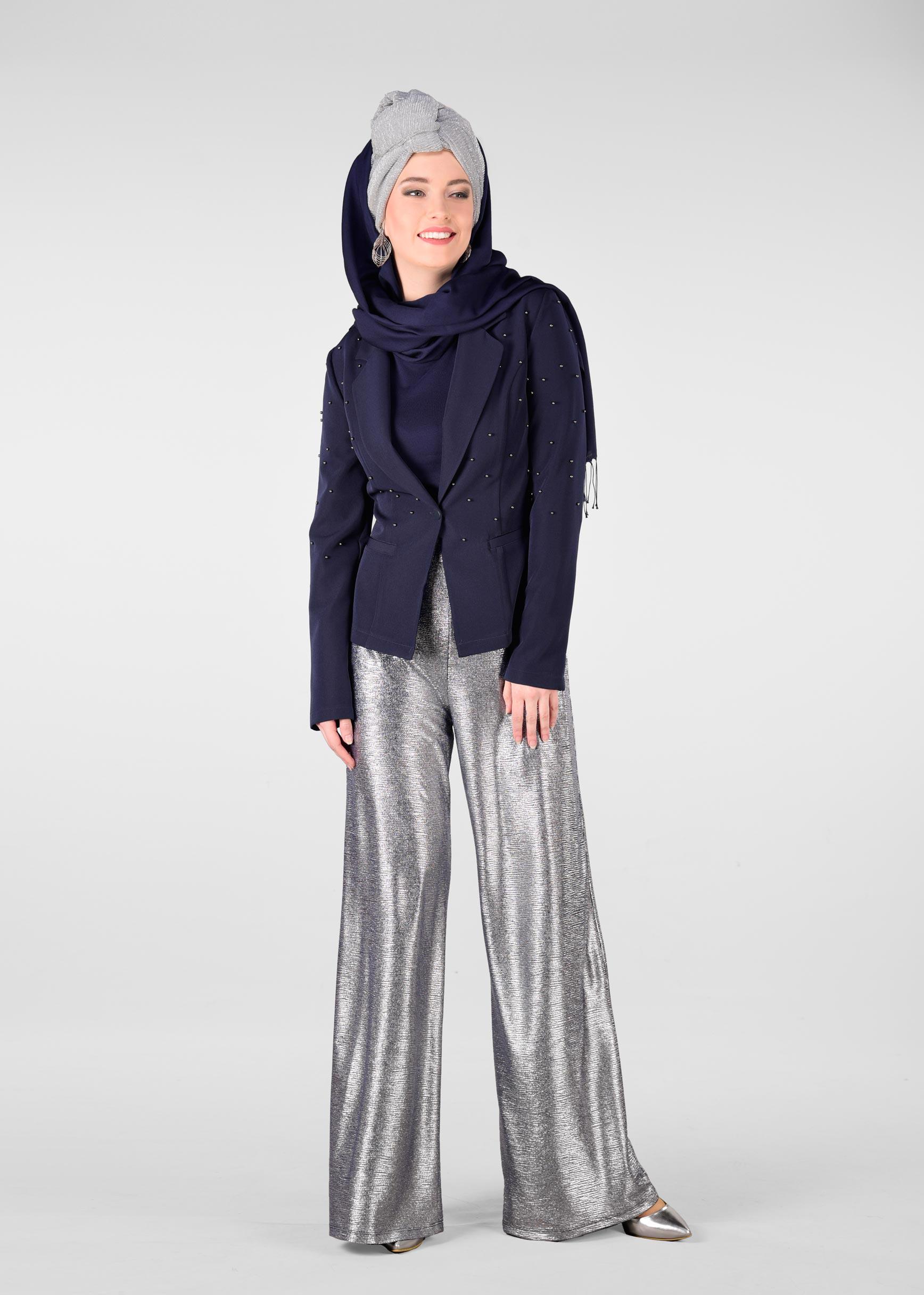 Hijab clothing NAVY BLUE Beaded Blazer Jacket 4978