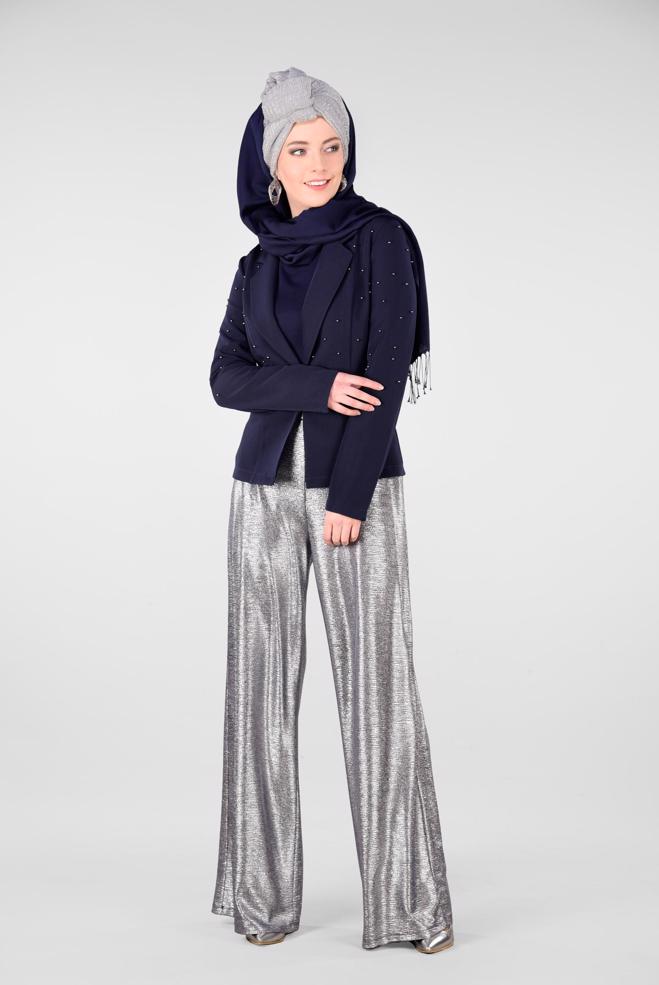 Hijab clothing NAVY BLUE Beaded Blazer Jacket 4978 - ALVİNA