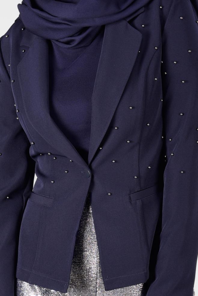 Hijab clothing NAVY BLUE Beaded Blazer Jacket 4978 - ALVİNA