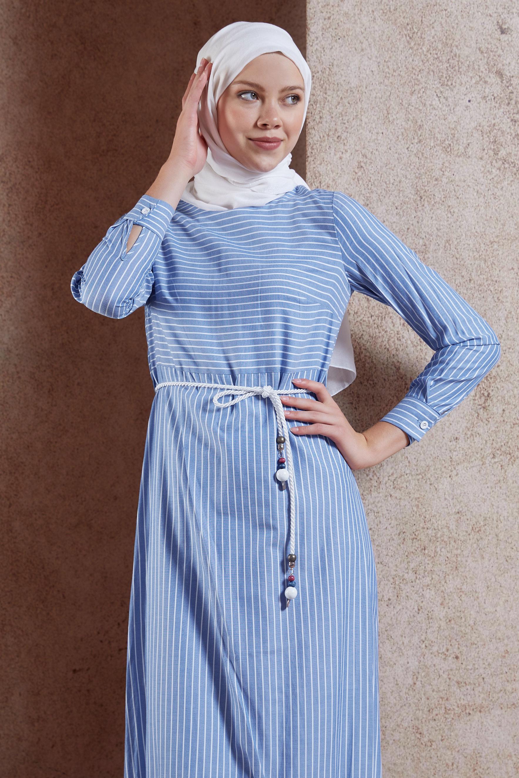 Tesettür giyim LACİVERT BELİ KEMERLİ ÇİZGİ DESENLİ ELBİSE 4013