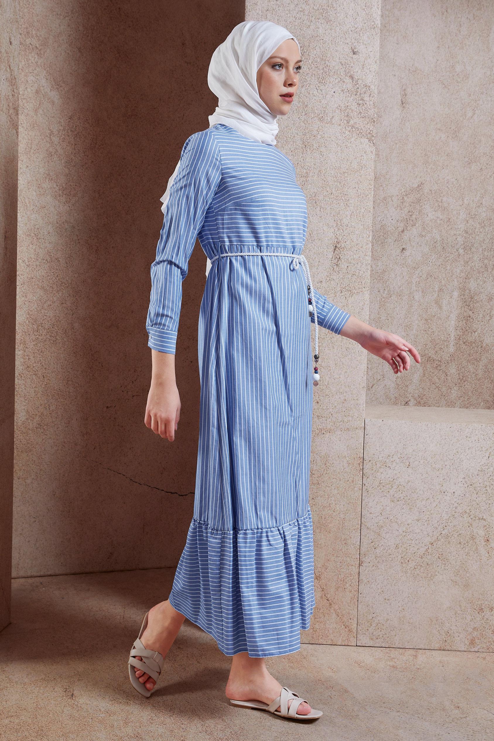 Tesettür giyim LACİVERT BELİ KEMERLİ ÇİZGİ DESENLİ ELBİSE 4013