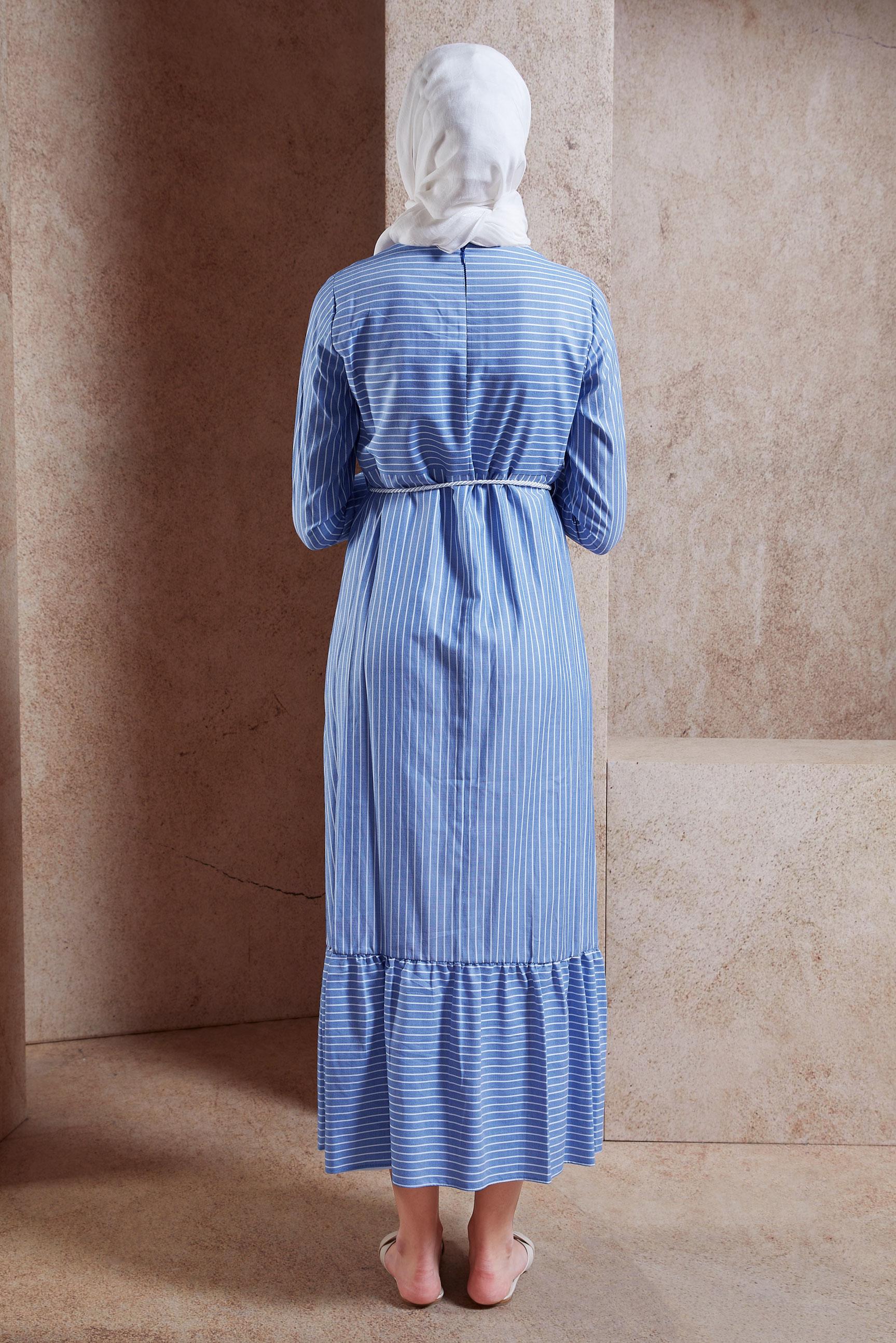 Tesettür giyim LACİVERT BELİ KEMERLİ ÇİZGİ DESENLİ ELBİSE 4013