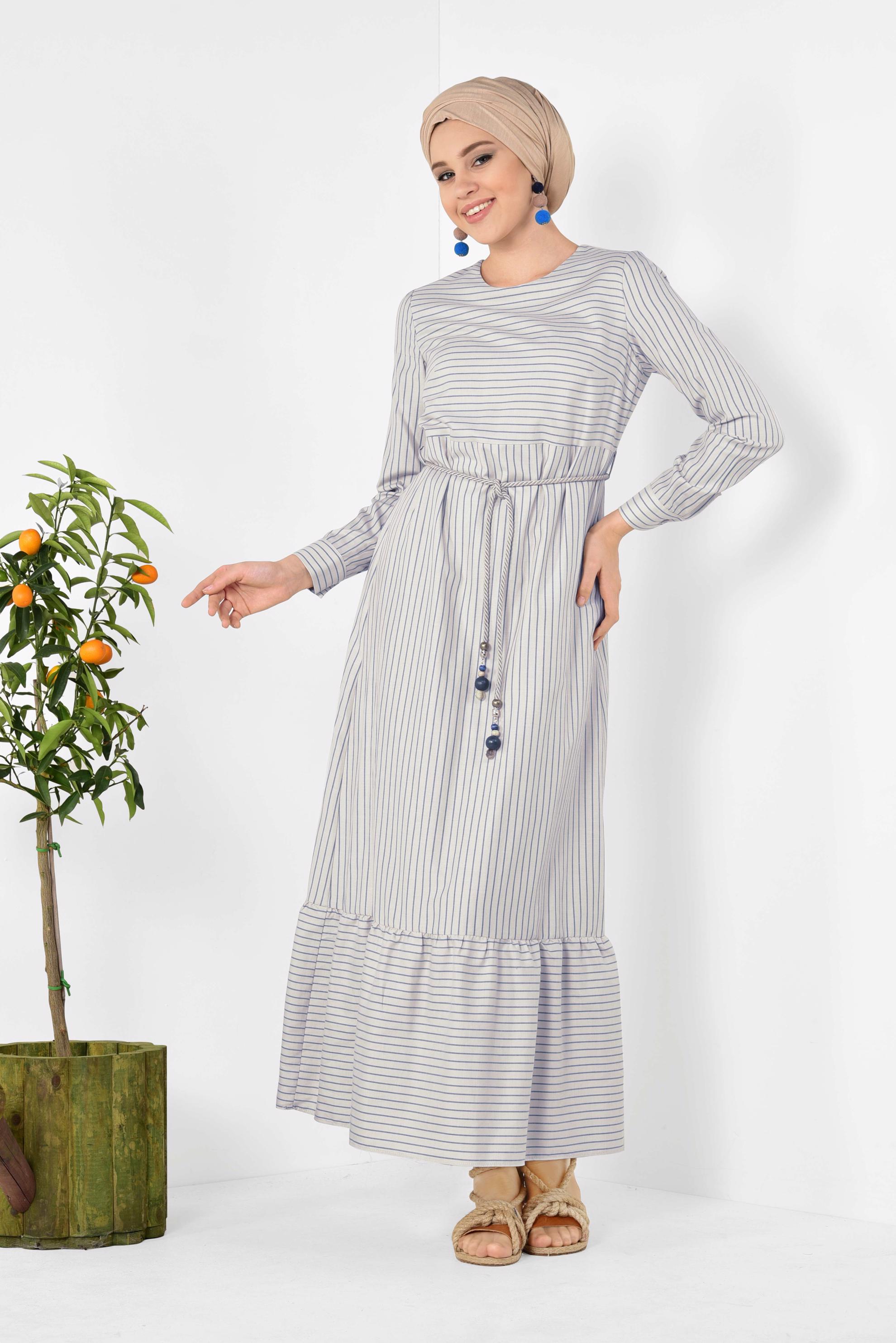 Tesettür giyim BEJ BELİ KEMERLİ ÇİZGİ DESENLİ ELBİSE 4013