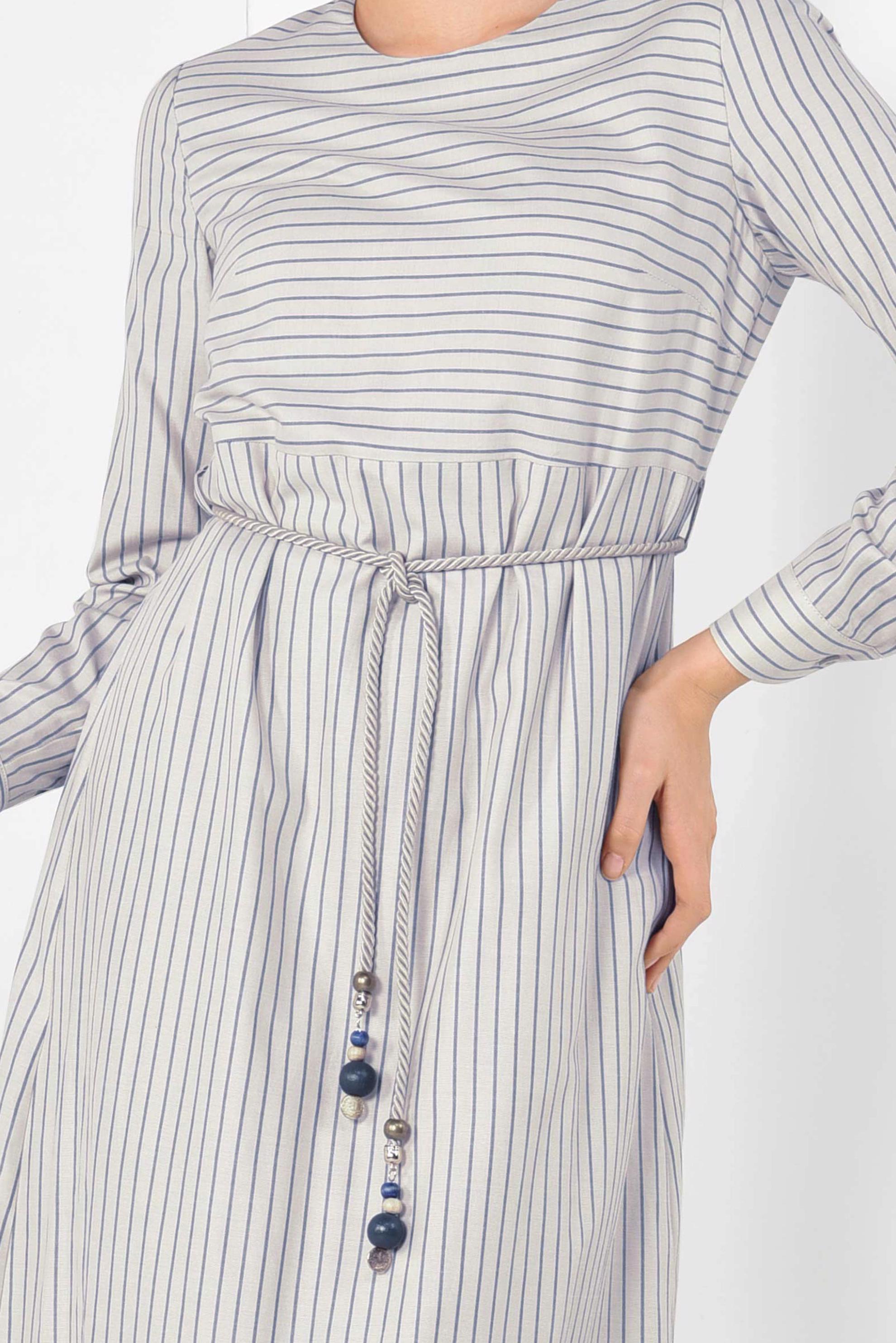 Tesettür giyim BEJ BELİ KEMERLİ ÇİZGİ DESENLİ ELBİSE 4013