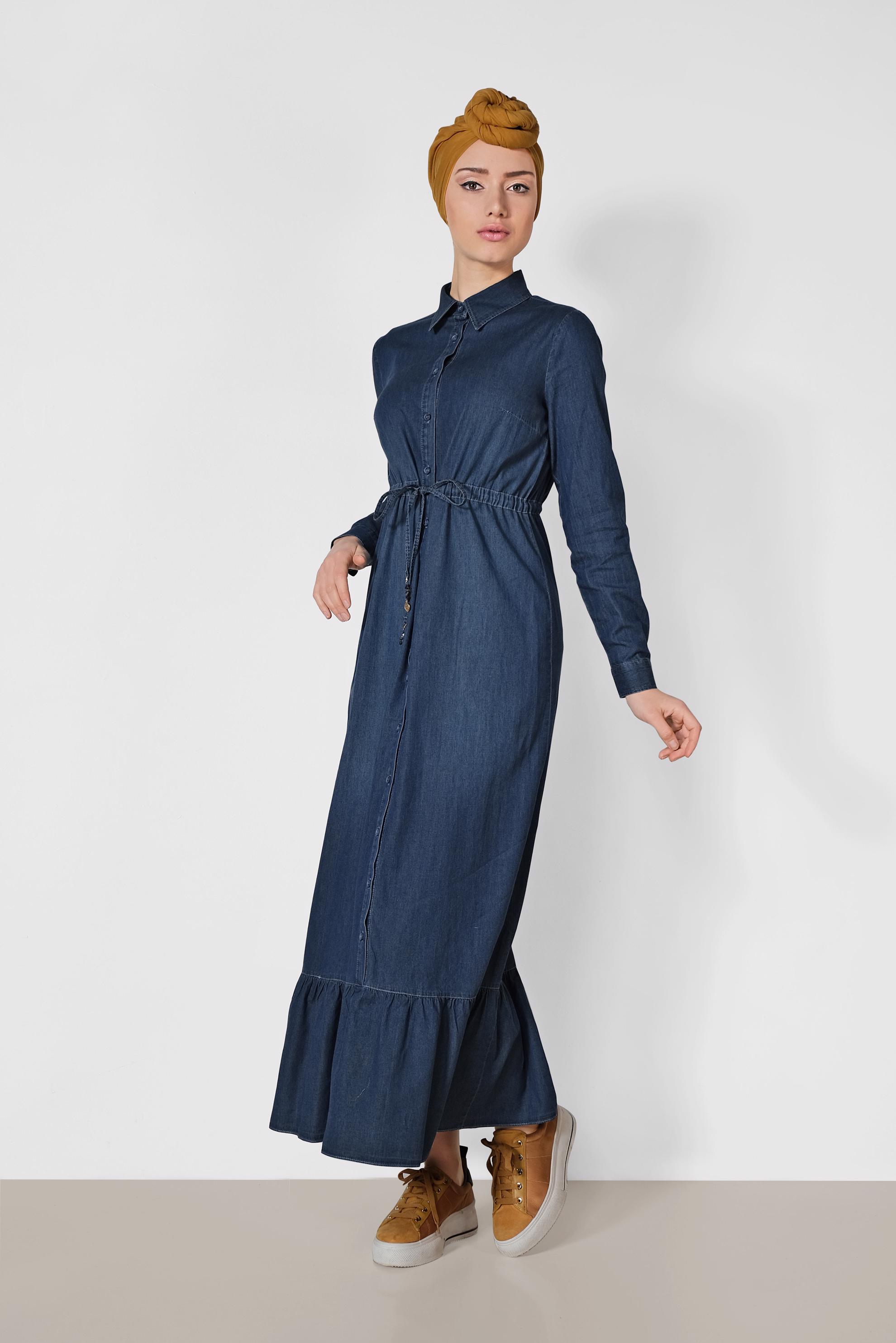 Tesettür giyim MAVİ PAMUKLU DENİM ELBİSE 4035