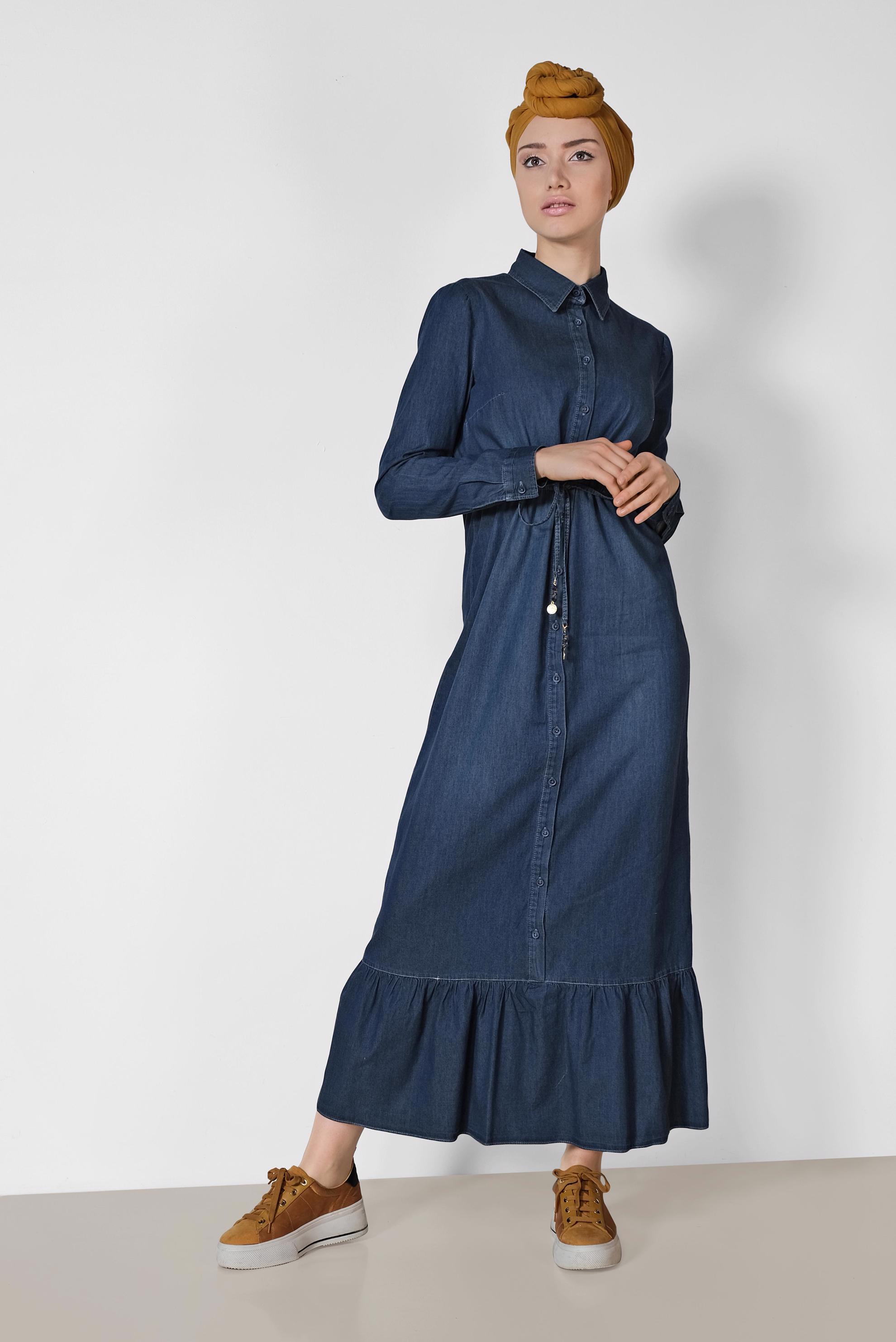 Tesettür giyim MAVİ PAMUKLU DENİM ELBİSE 4035