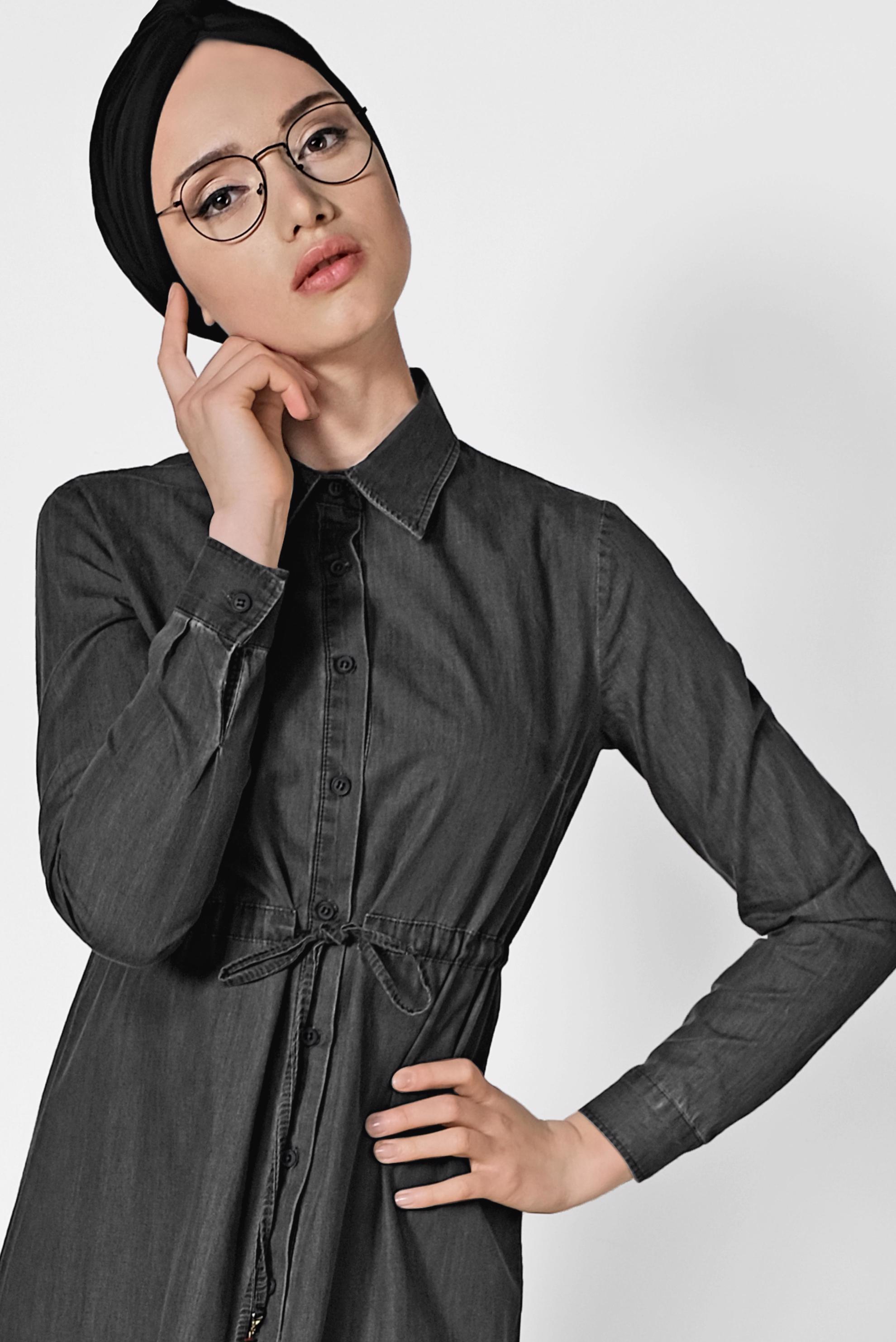 Tesettür giyim GRİ PAMUKLU DENİM ELBİSE 4035