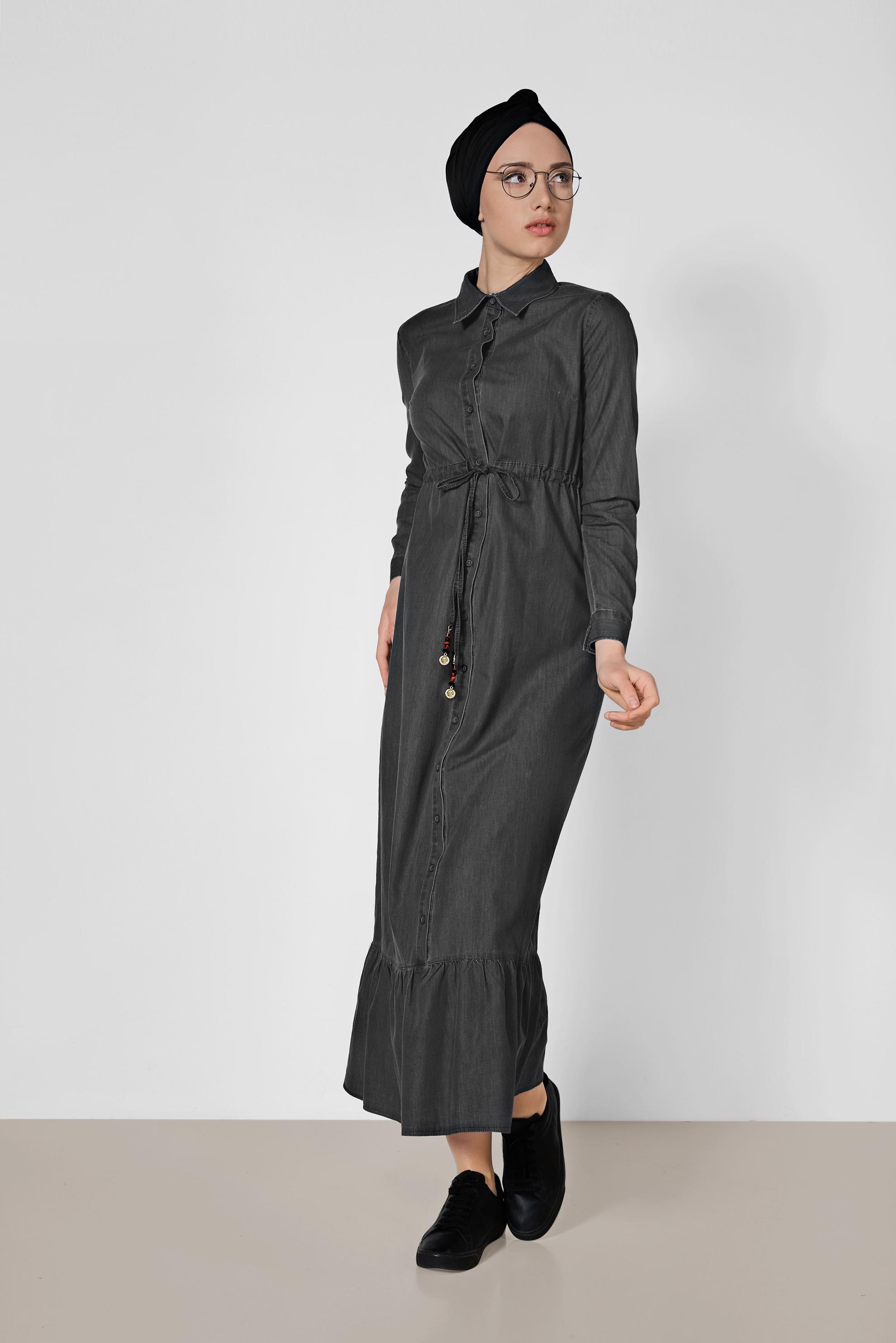 Tesettür giyim GRİ PAMUKLU DENİM ELBİSE 4035