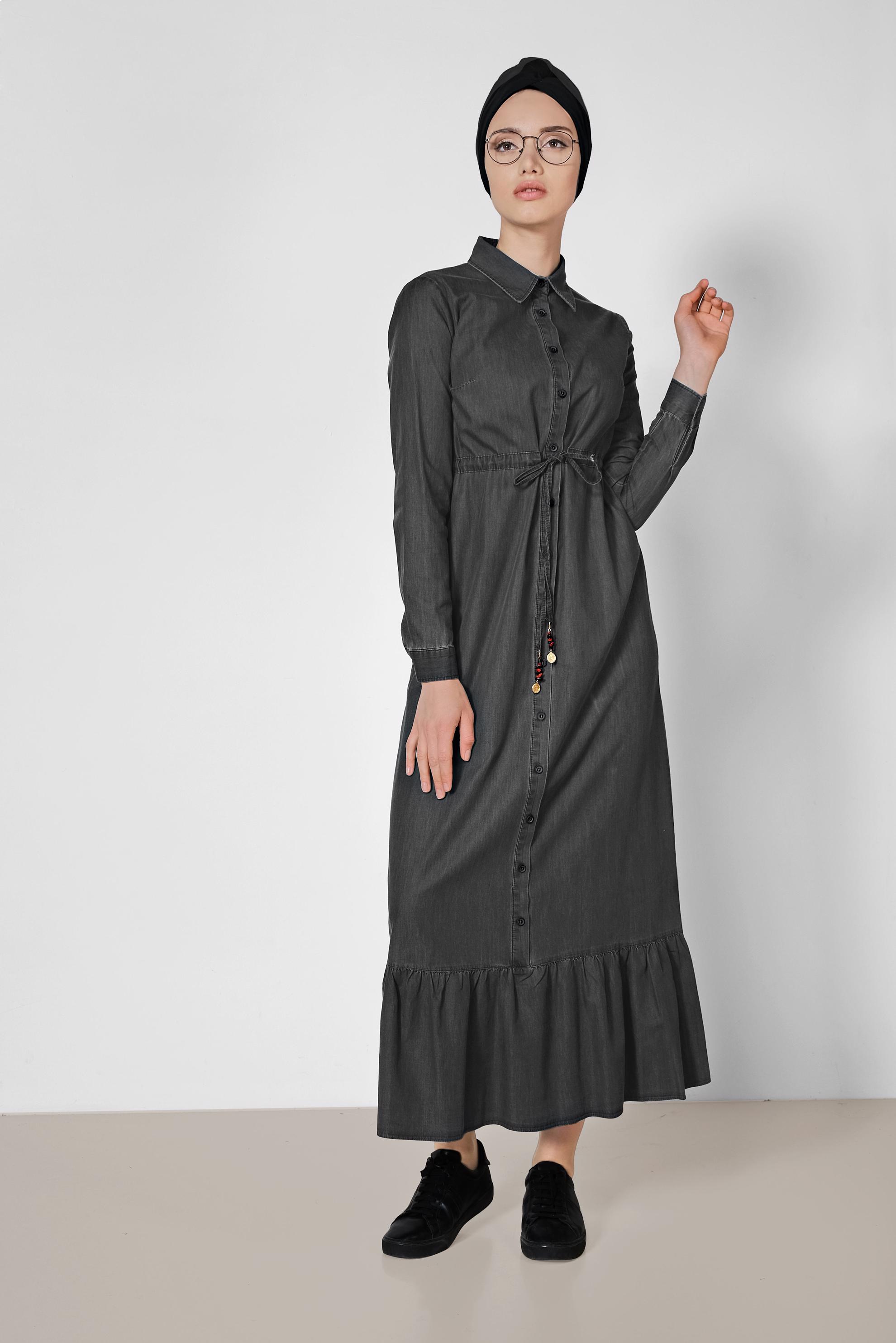 Tesettür giyim GRİ PAMUKLU DENİM ELBİSE 4035