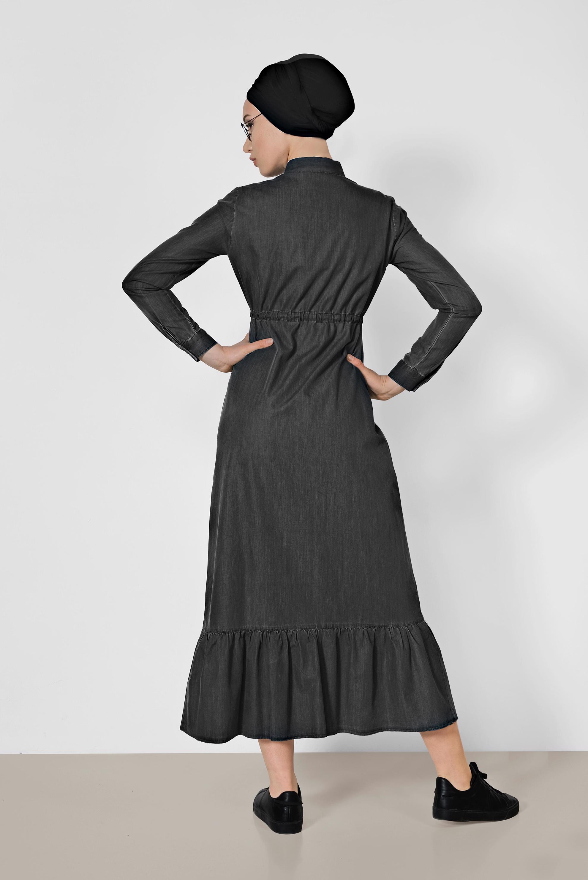 Tesettür giyim GRİ PAMUKLU DENİM ELBİSE 4035