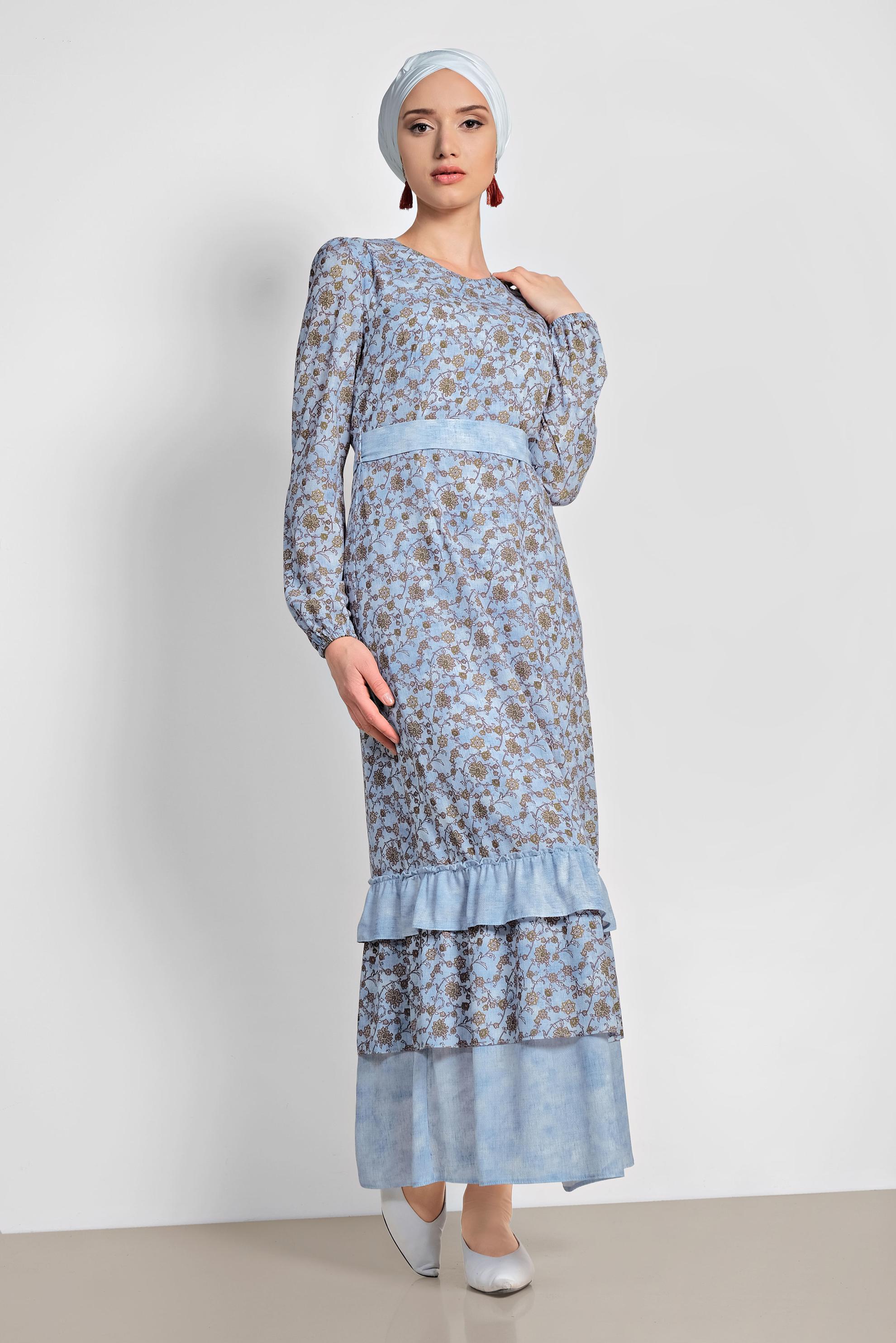 Tesettür giyim MAVİ FLORAL DESENLİ BELİ KUŞAKLI ELBİSE 4050
