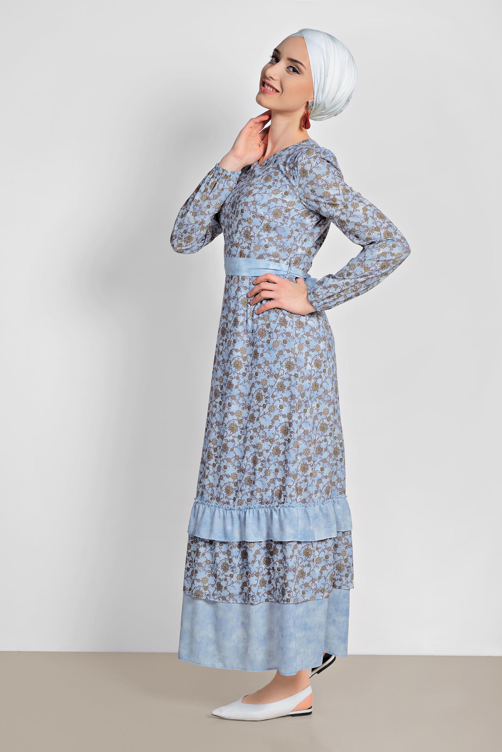 Tesettür giyim MAVİ FLORAL DESENLİ BELİ KUŞAKLI ELBİSE 4050